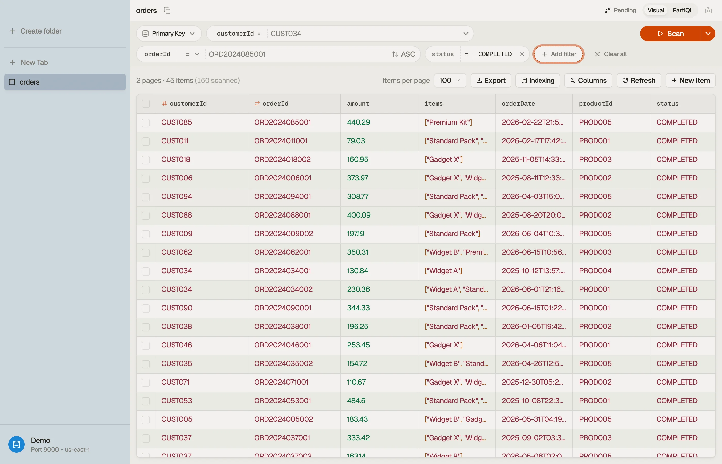 The visual filter row: index picker, key pills, an added scan filter, and the run button.
