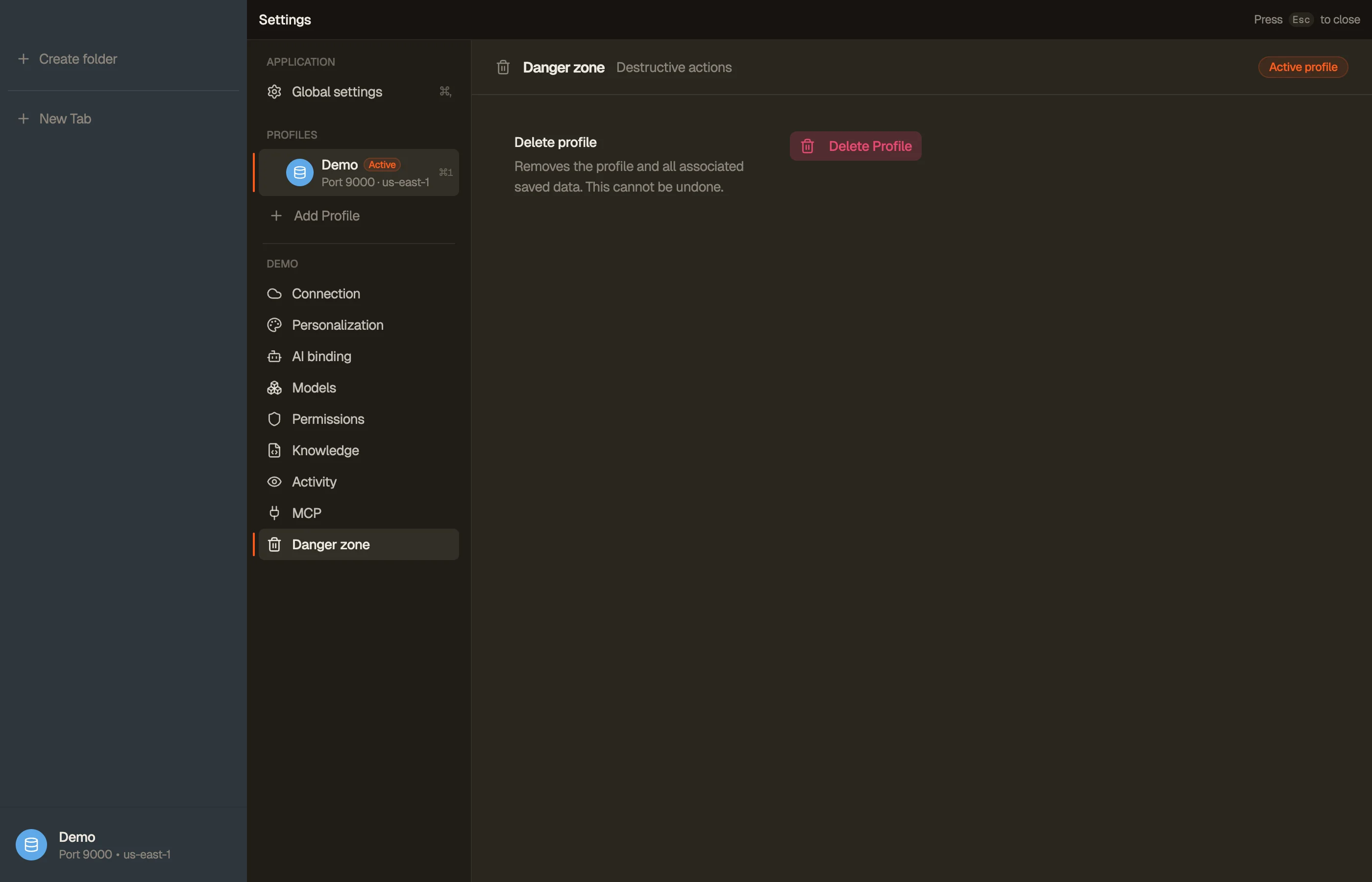 Danger zone — removing the profile and clearing its local data.
