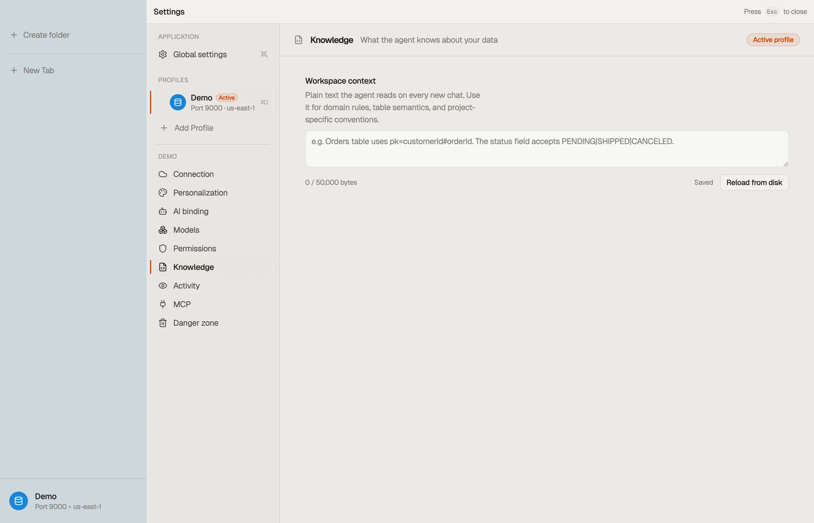 Knowledge — the workspace notes the assistant reads as standing context.