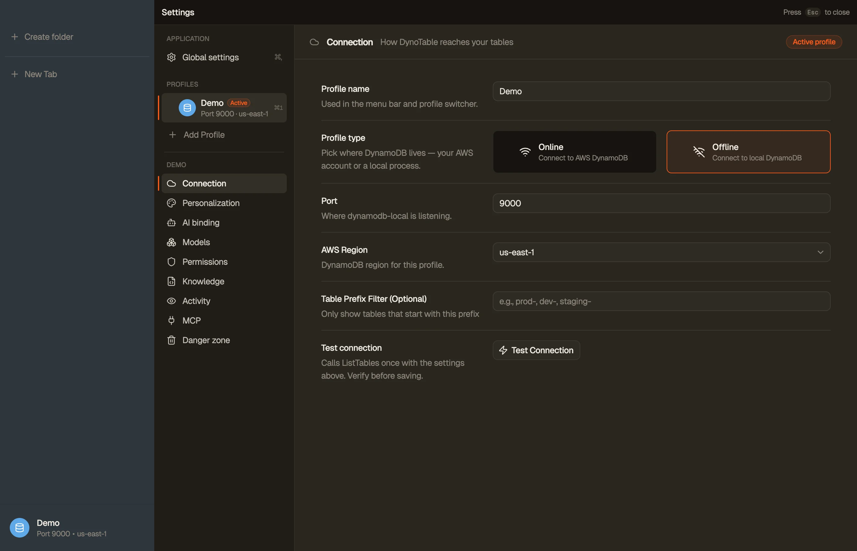A profile's settings — the Connection section, with the per-profile section rail on the left.