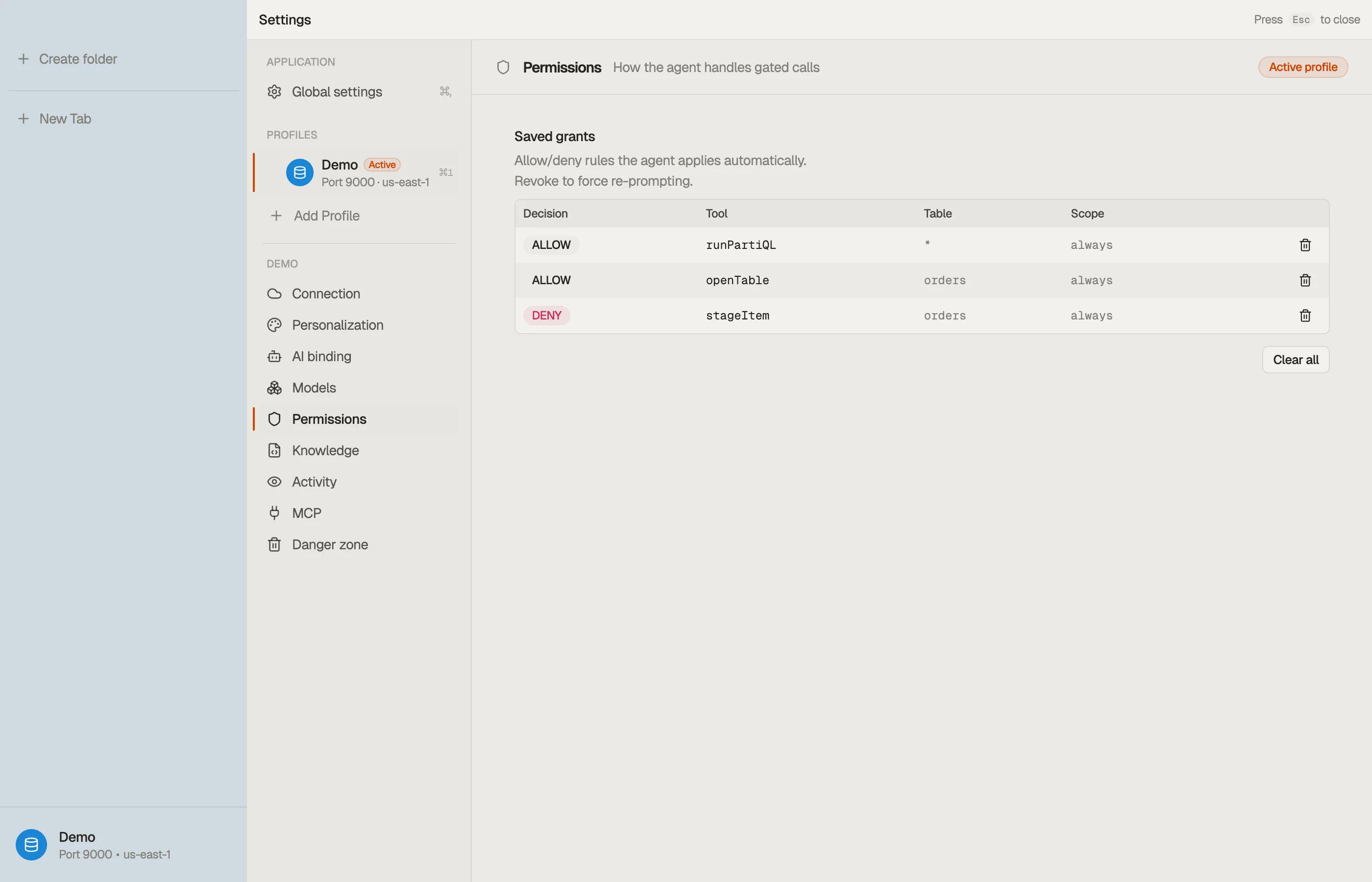 Permissions — the saved grants table.