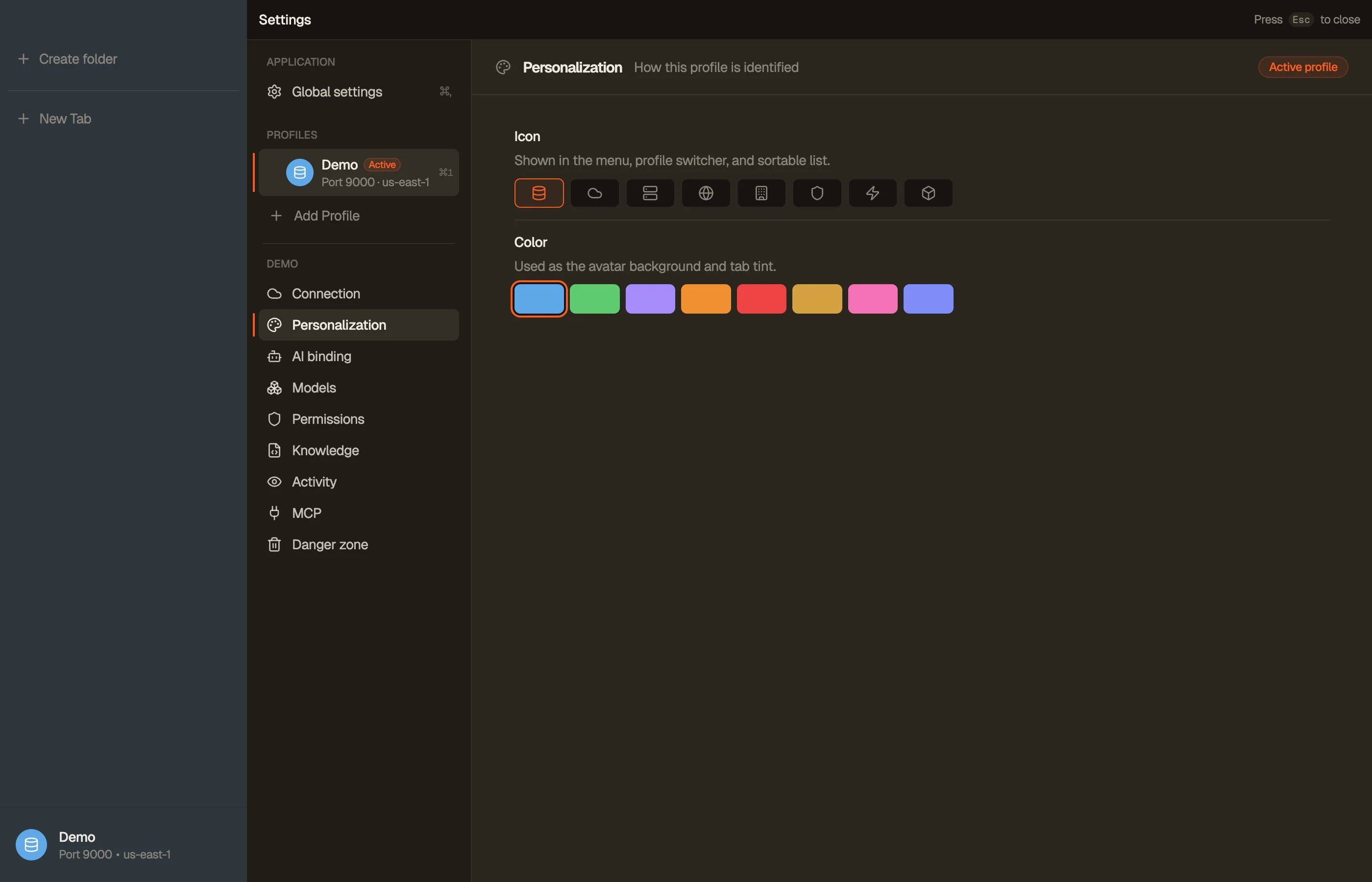 Personalization — the profile's colour and icon.