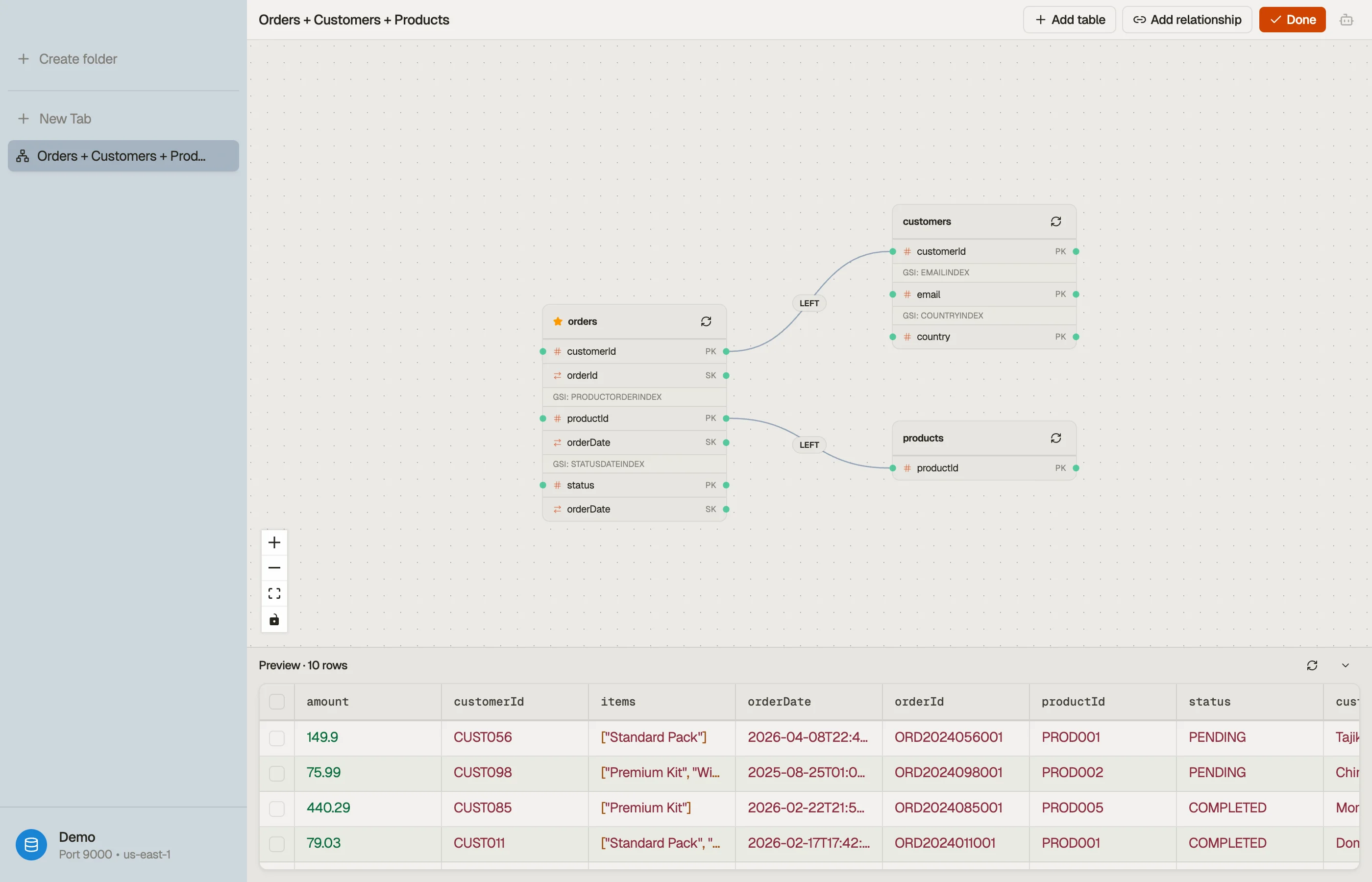 A Smart Table in Configure mode: table nodes on an ER canvas with a relationship edge between them, and a live preview below.