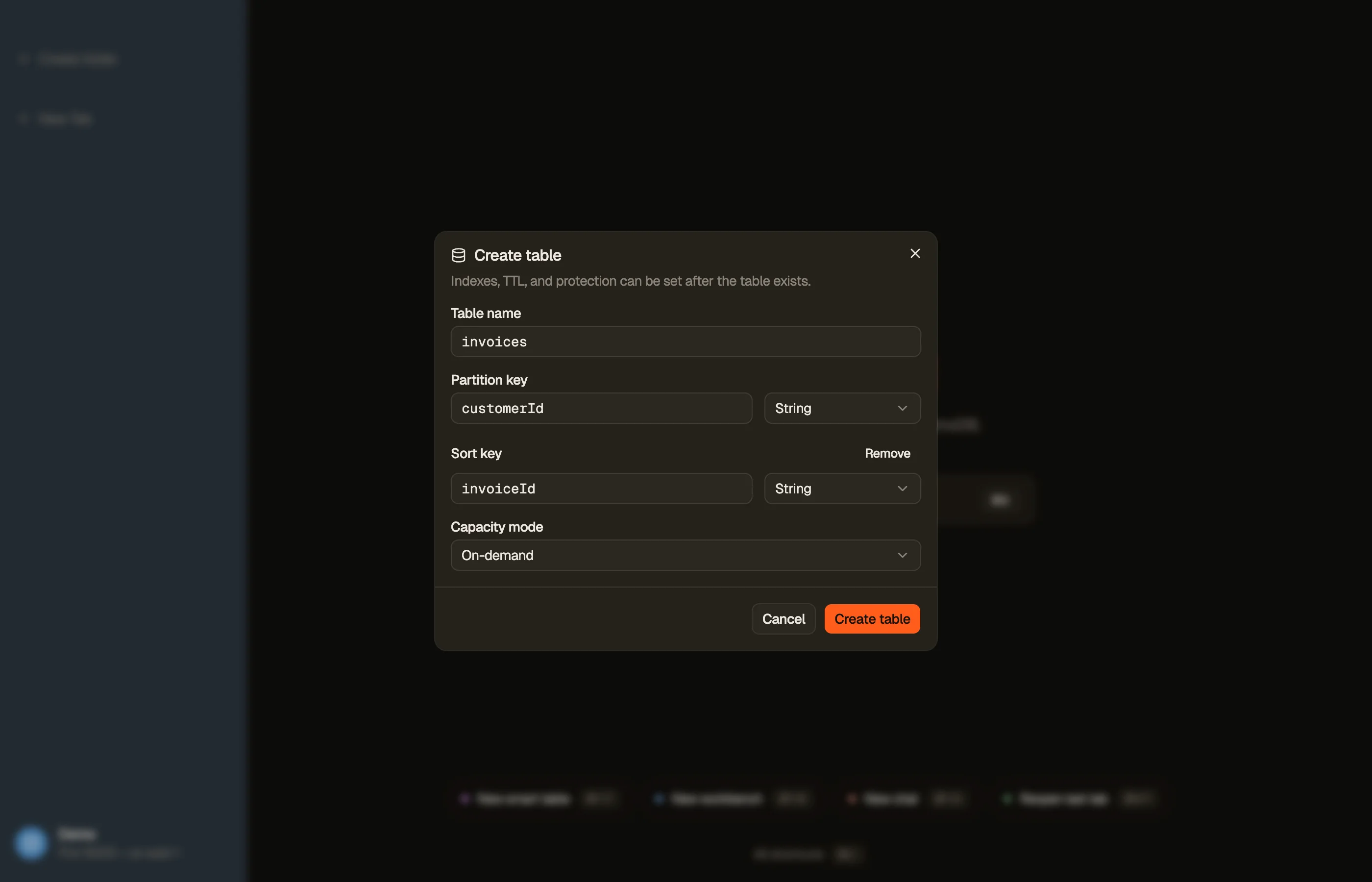 DynoTable's Create table dialog: the table name, a partition key and sort key with their attribute types, and the on-demand and provisioned capacity choice.