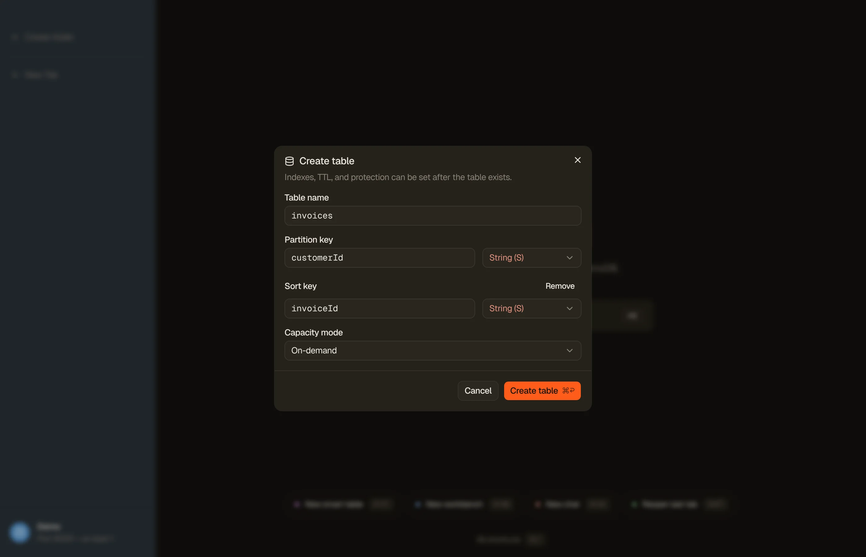 DynoTable's Create table dialog: the table name, a partition key and sort key with their attribute types, and the on-demand and provisioned capacity choice.