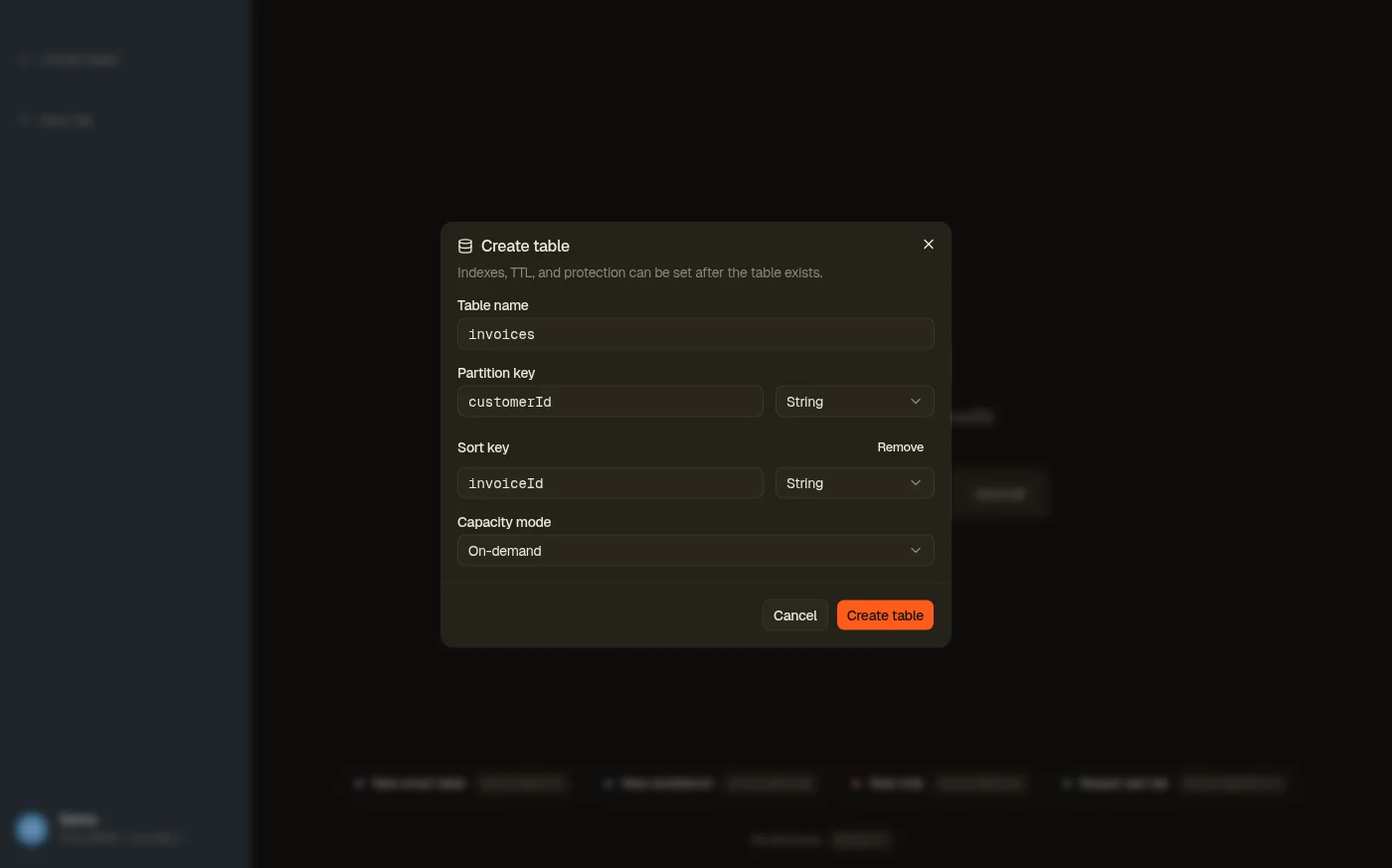 DynoTable's Create table dialog: the table name, a partition key and sort key with their attribute types, and the on-demand and provisioned capacity choice.
