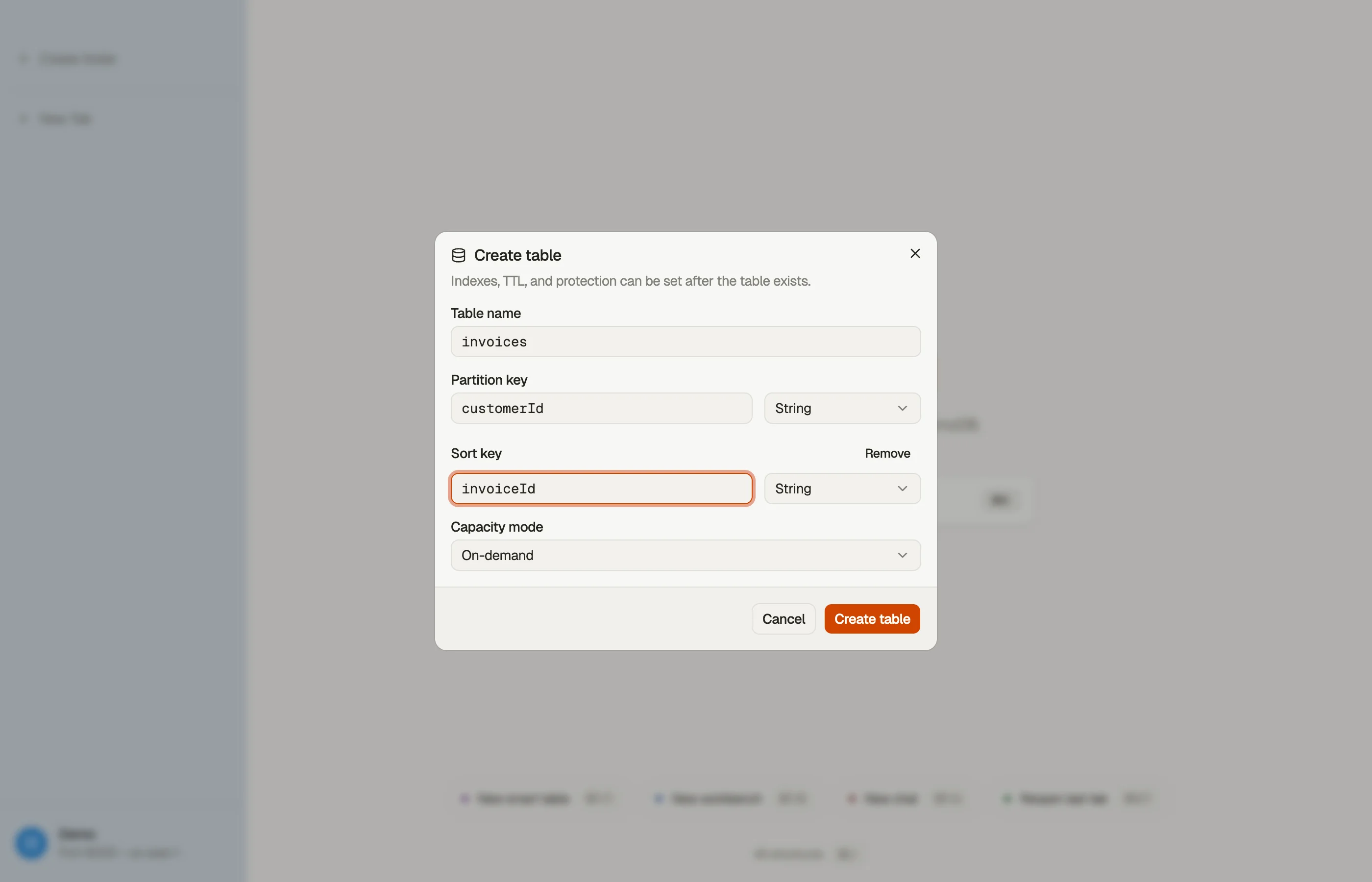 DynoTable's Create table dialog: the table name, a partition key and sort key with their attribute types, and the on-demand and provisioned capacity choice.