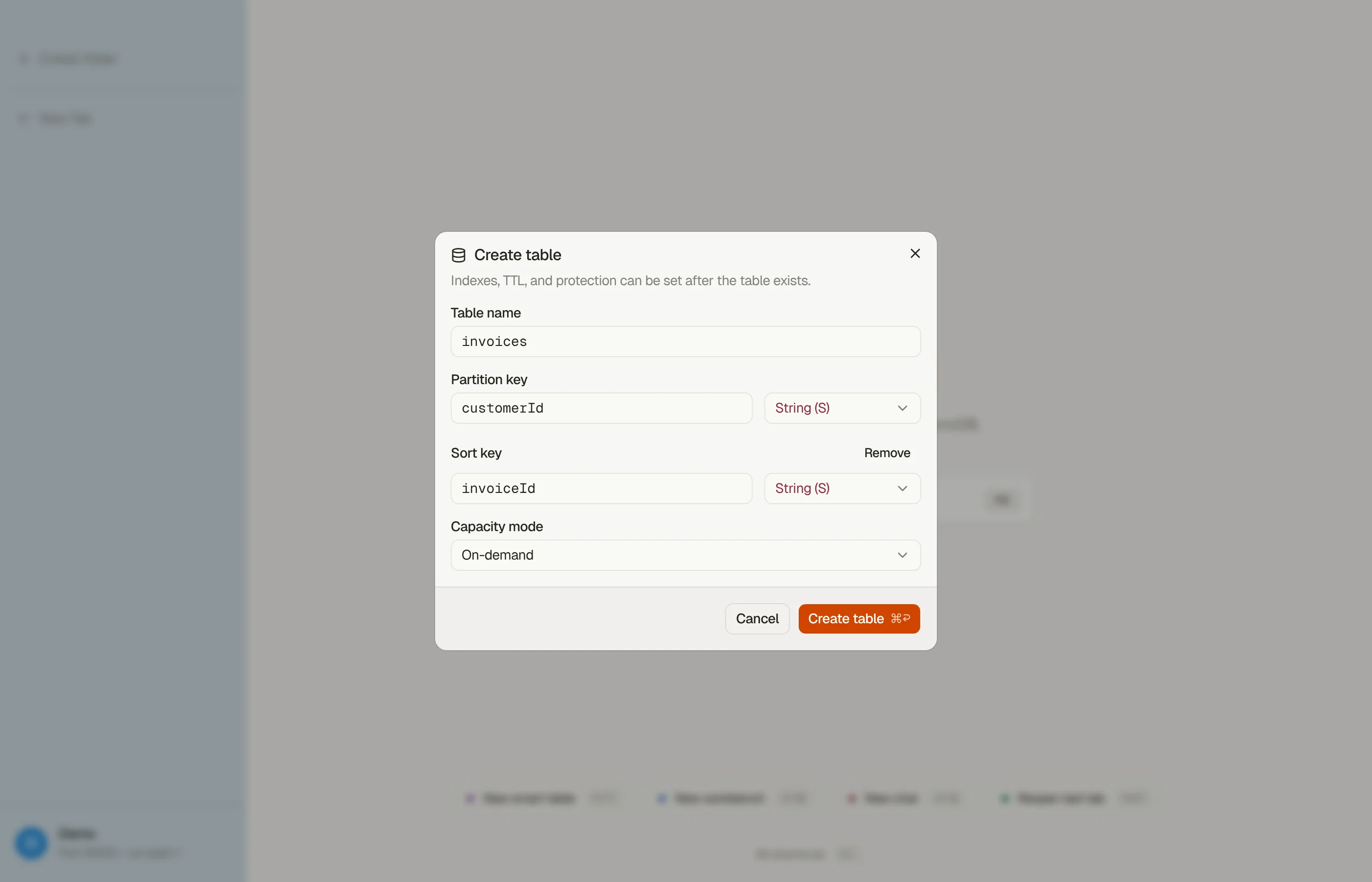 DynoTable's Create table dialog: the table name, a partition key and sort key with their attribute types, and the on-demand and provisioned capacity choice.