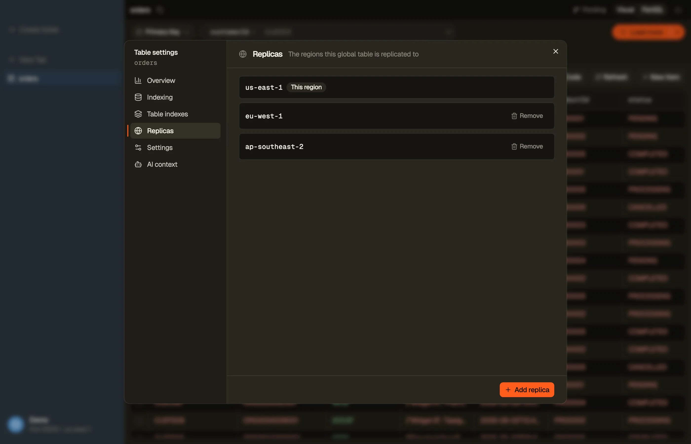 The Replicas section of the Table settings dialog, with each replica region and its status.