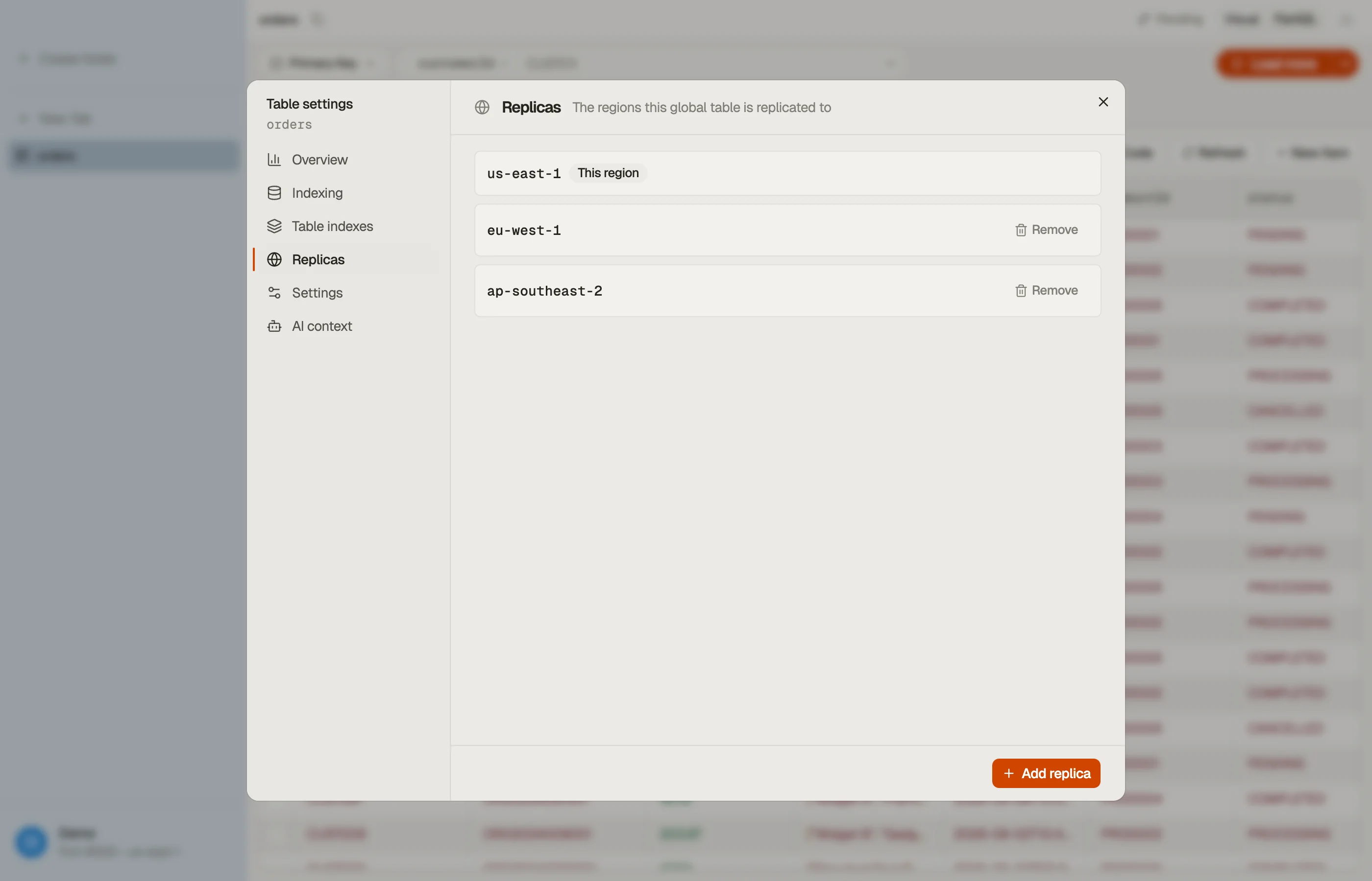 The Replicas section of the Table settings dialog, with each replica region and its status.