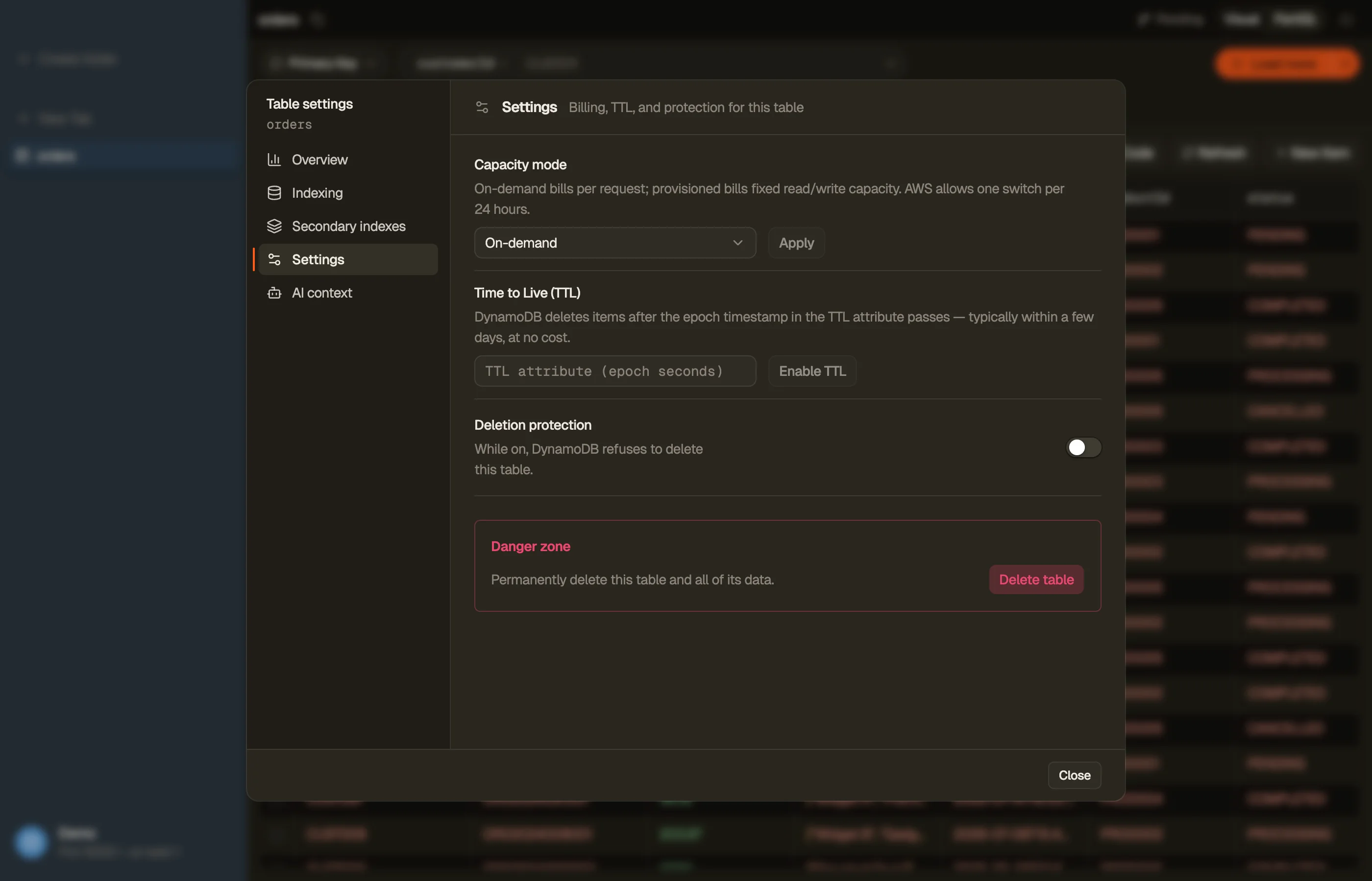 The Settings section of DynoTable's Table dialog: capacity mode, Time to Live, and deletion protection.