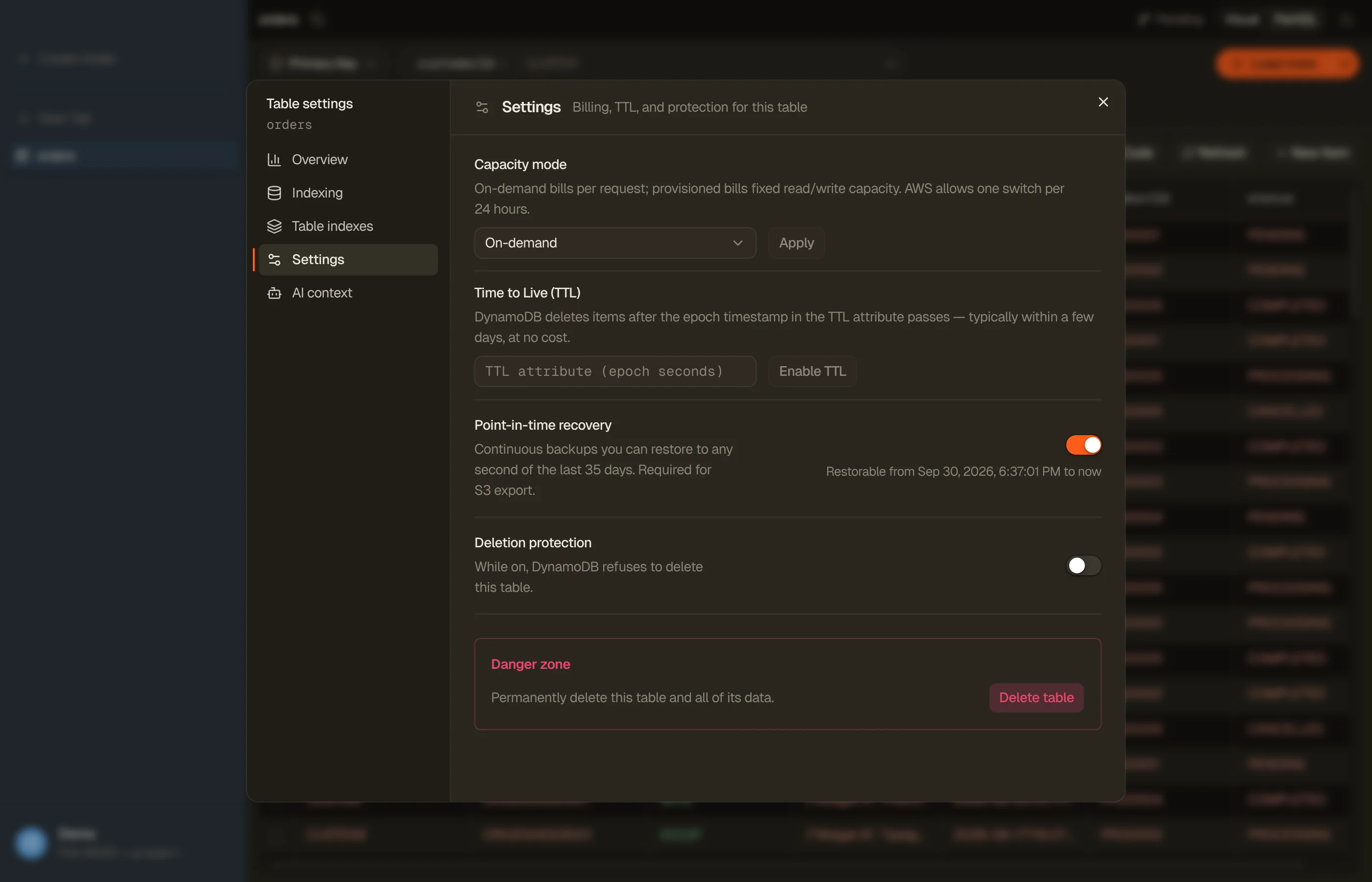 The Settings section of DynoTable's Table settings dialog: capacity mode, Time to Live, point-in-time recovery, and deletion protection.