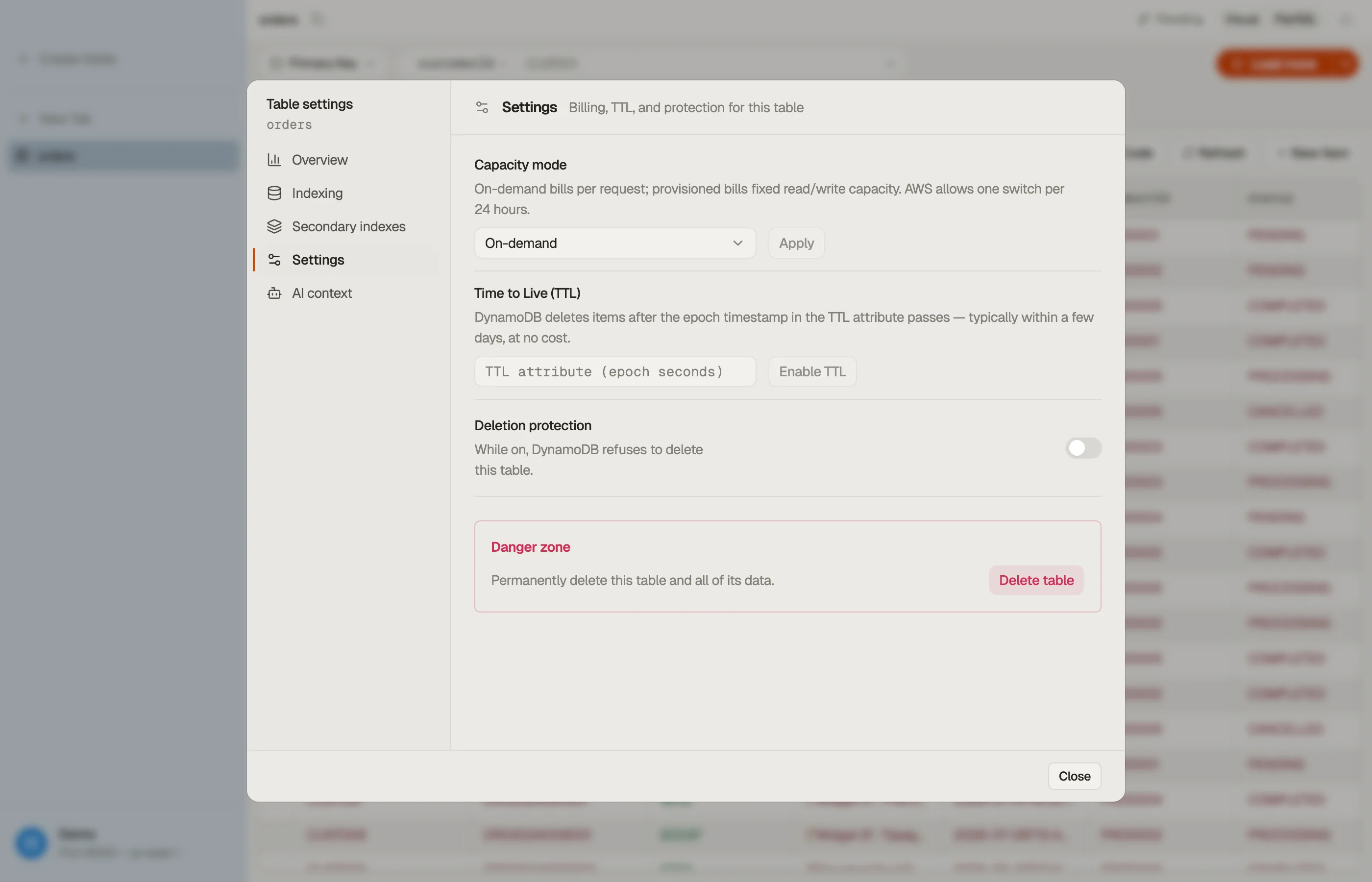 The Settings section of DynoTable's Table dialog: capacity mode, Time to Live, and deletion protection.