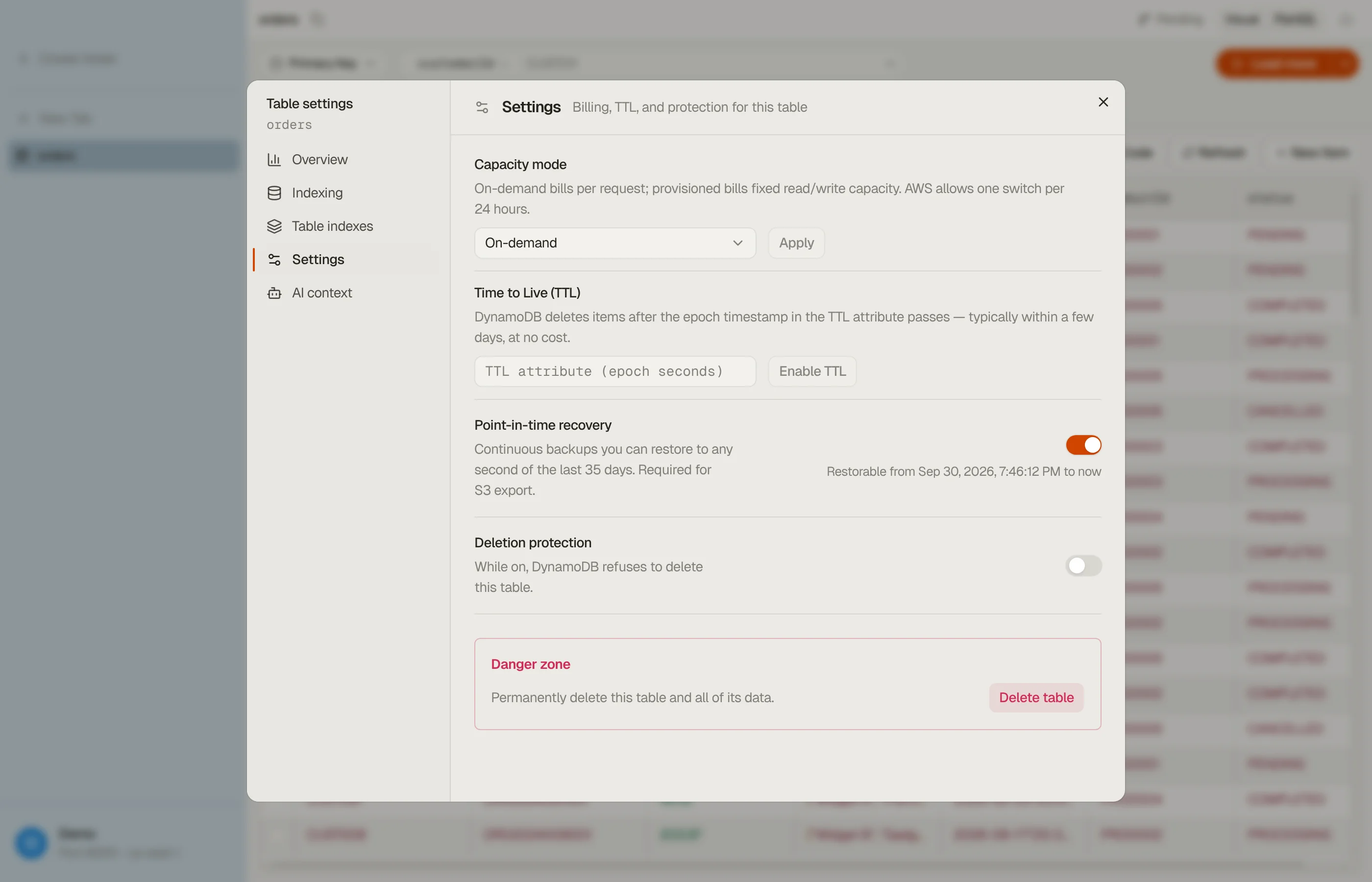 The Settings section of DynoTable's Table settings dialog: capacity mode, Time to Live, point-in-time recovery, and deletion protection.