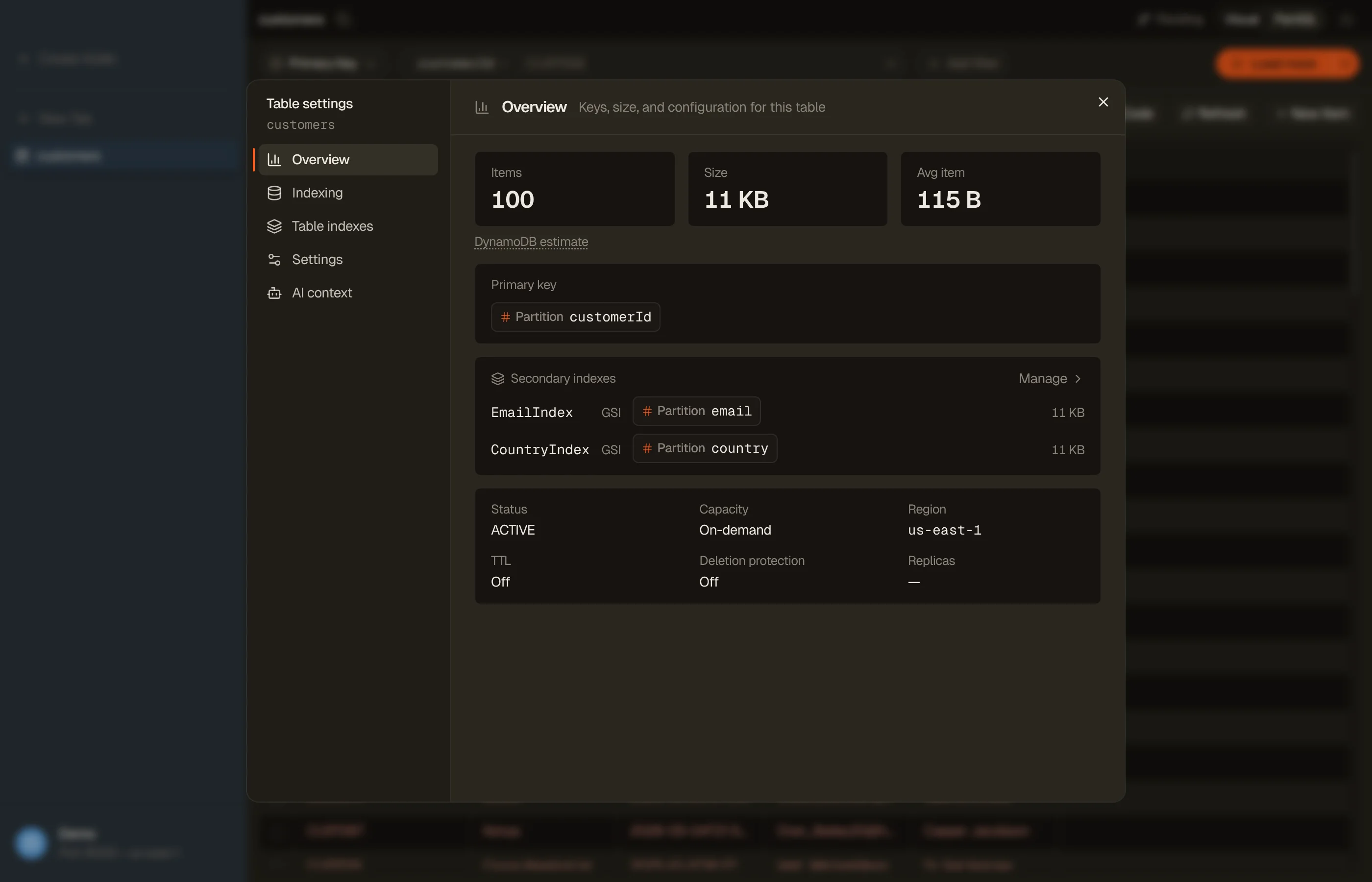 DynoTable's Indexing section: the indexed-field list with types and required/optional flags, and the schema Export button.