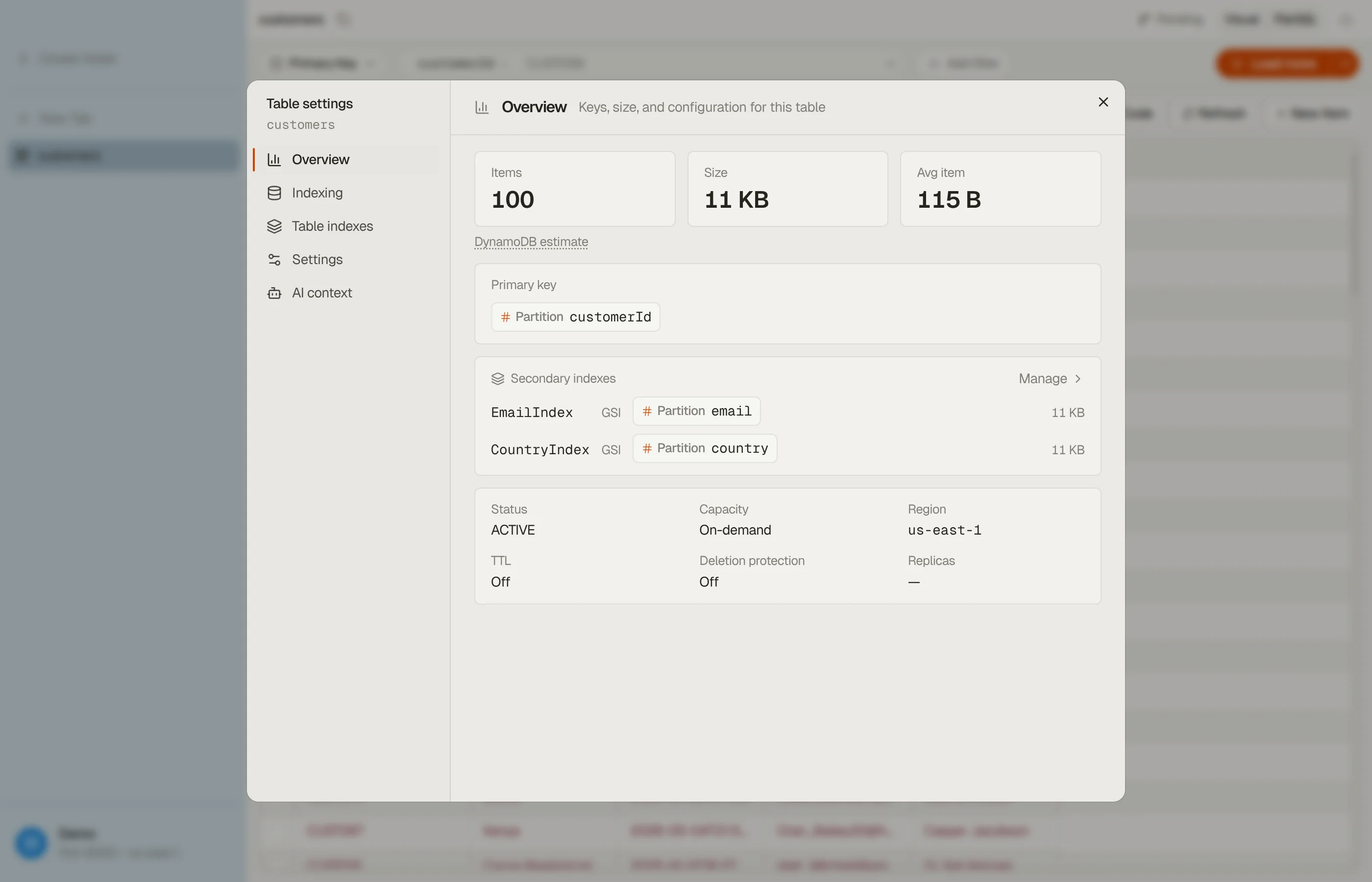 DynoTable's Indexing section: the indexed-field list with types and required/optional flags, and the schema Export button.