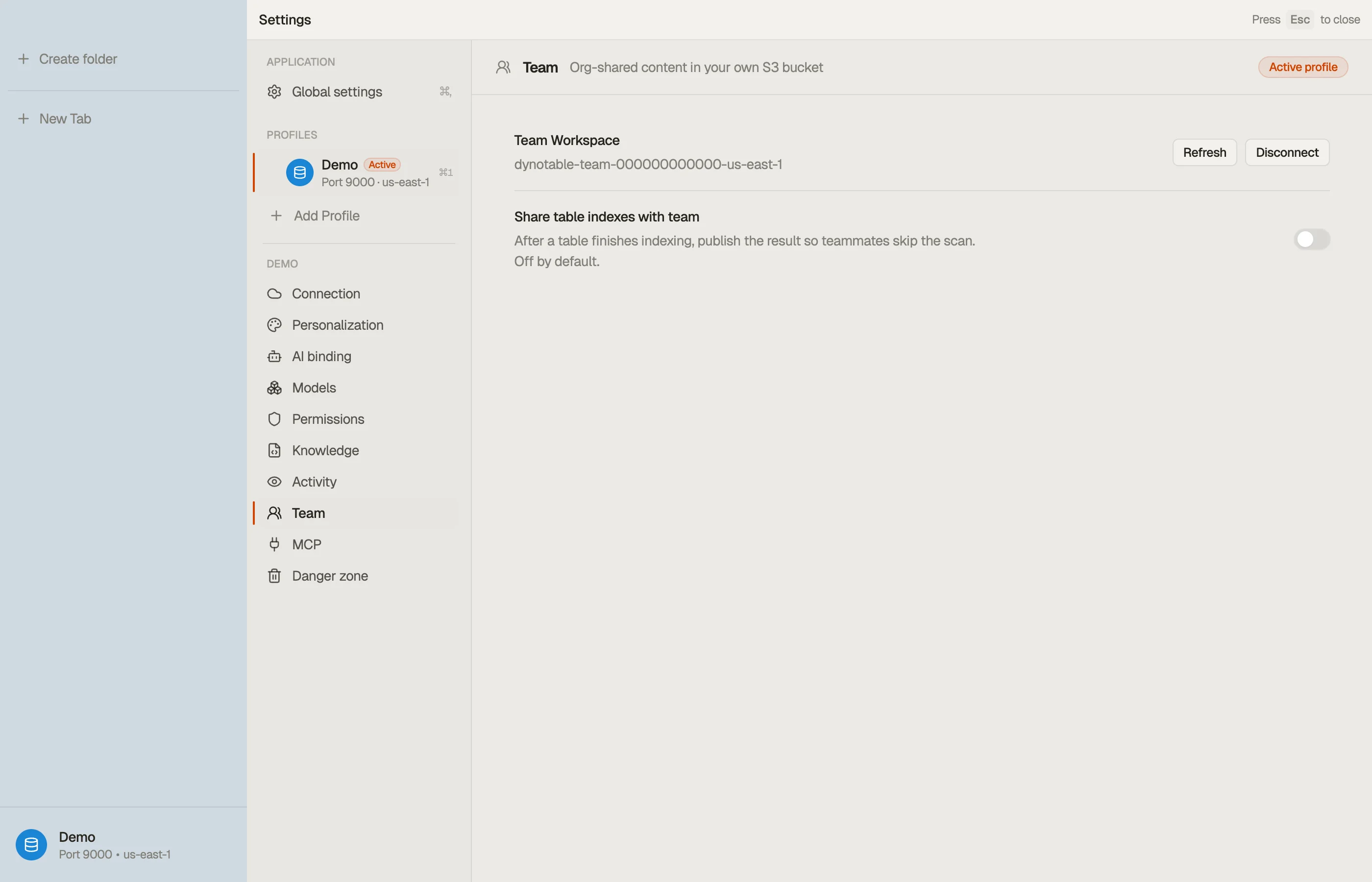 A connected Team Workspace in a profile's Team settings, showing the workspace bucket and sync controls.