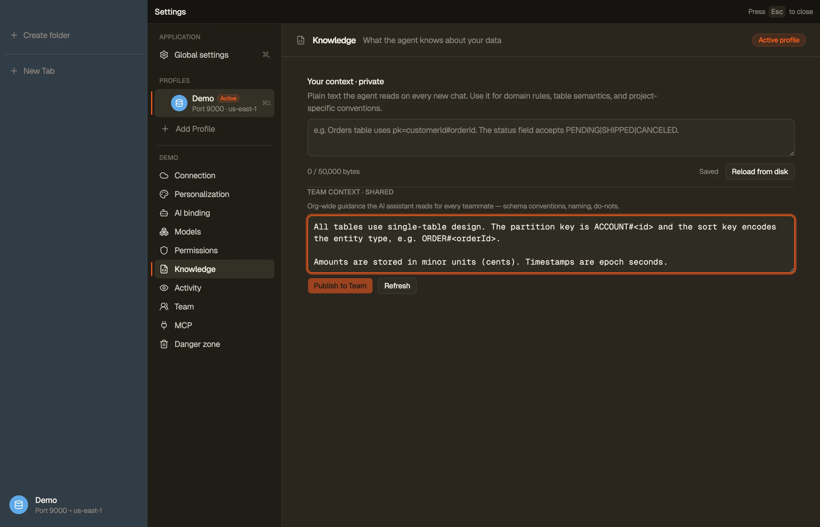 Shared workspace context in the AI context settings — published once, read by every member's assistant.