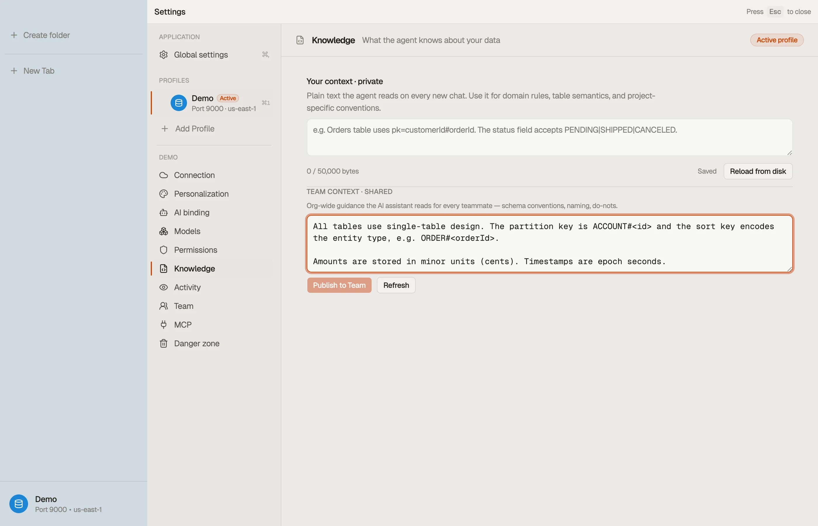 Shared workspace context in the AI context settings — published once, read by every member's assistant.