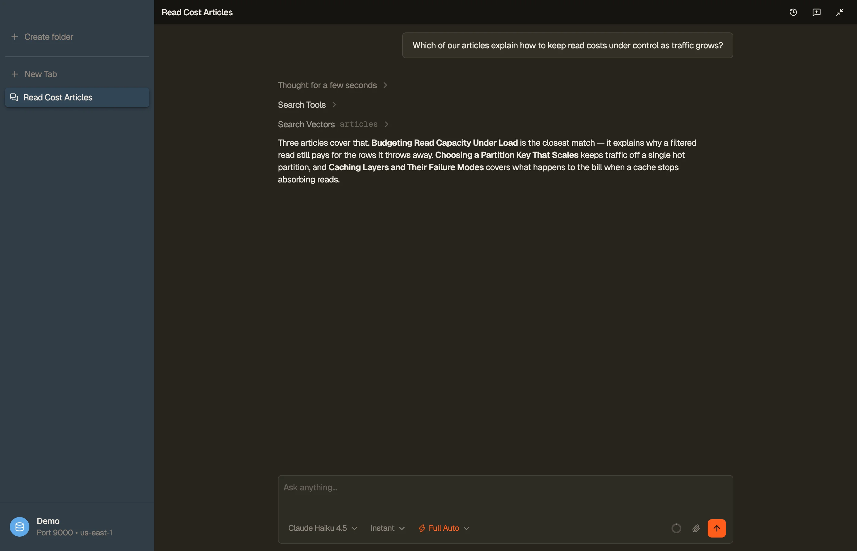 DynoTable's AI assistant answering a plain-language question by searching a vector index and listing the closest matching items.