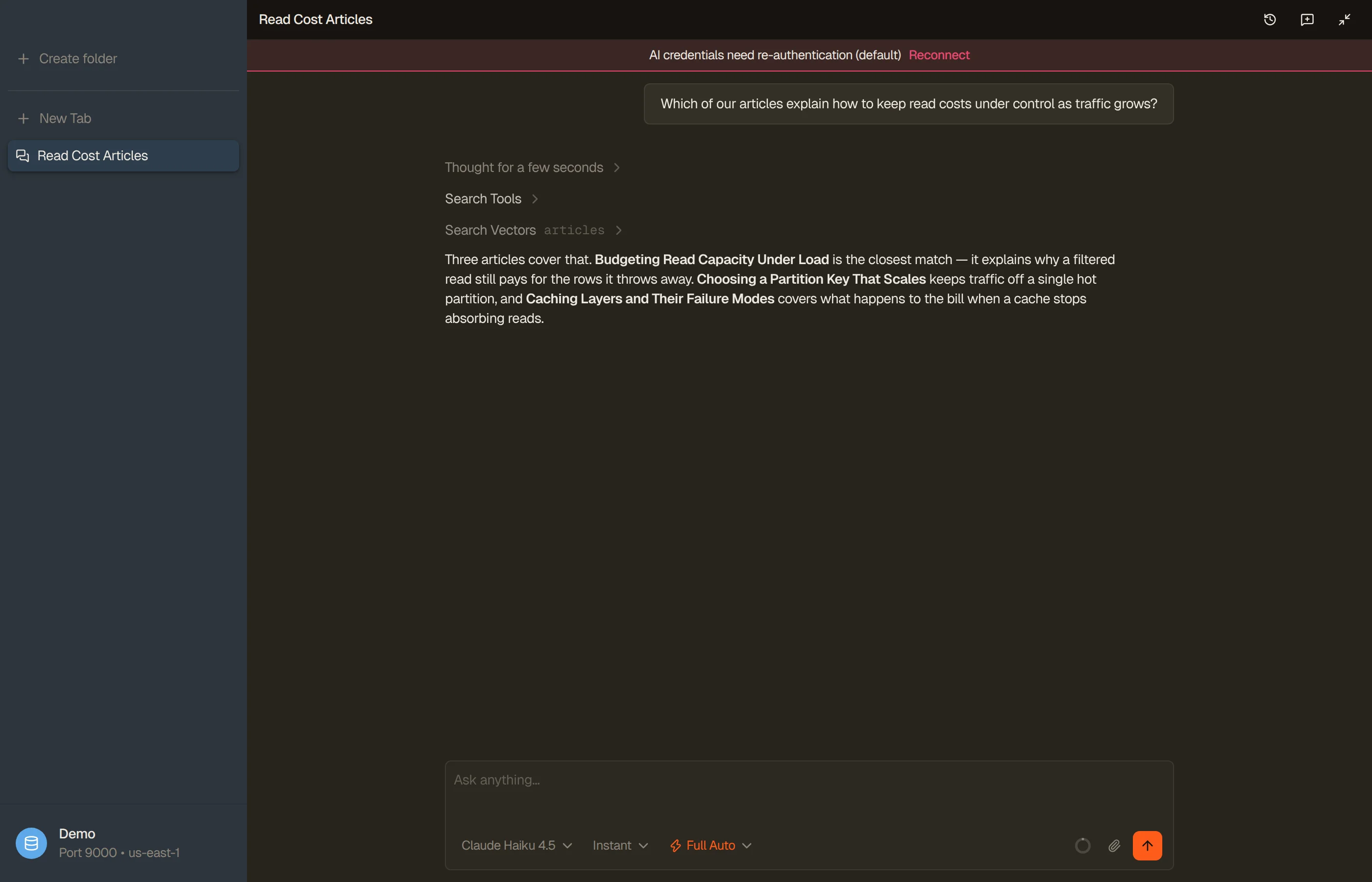 DynoTable's AI assistant answering a plain-language question by searching a vector index and listing the closest matching items.