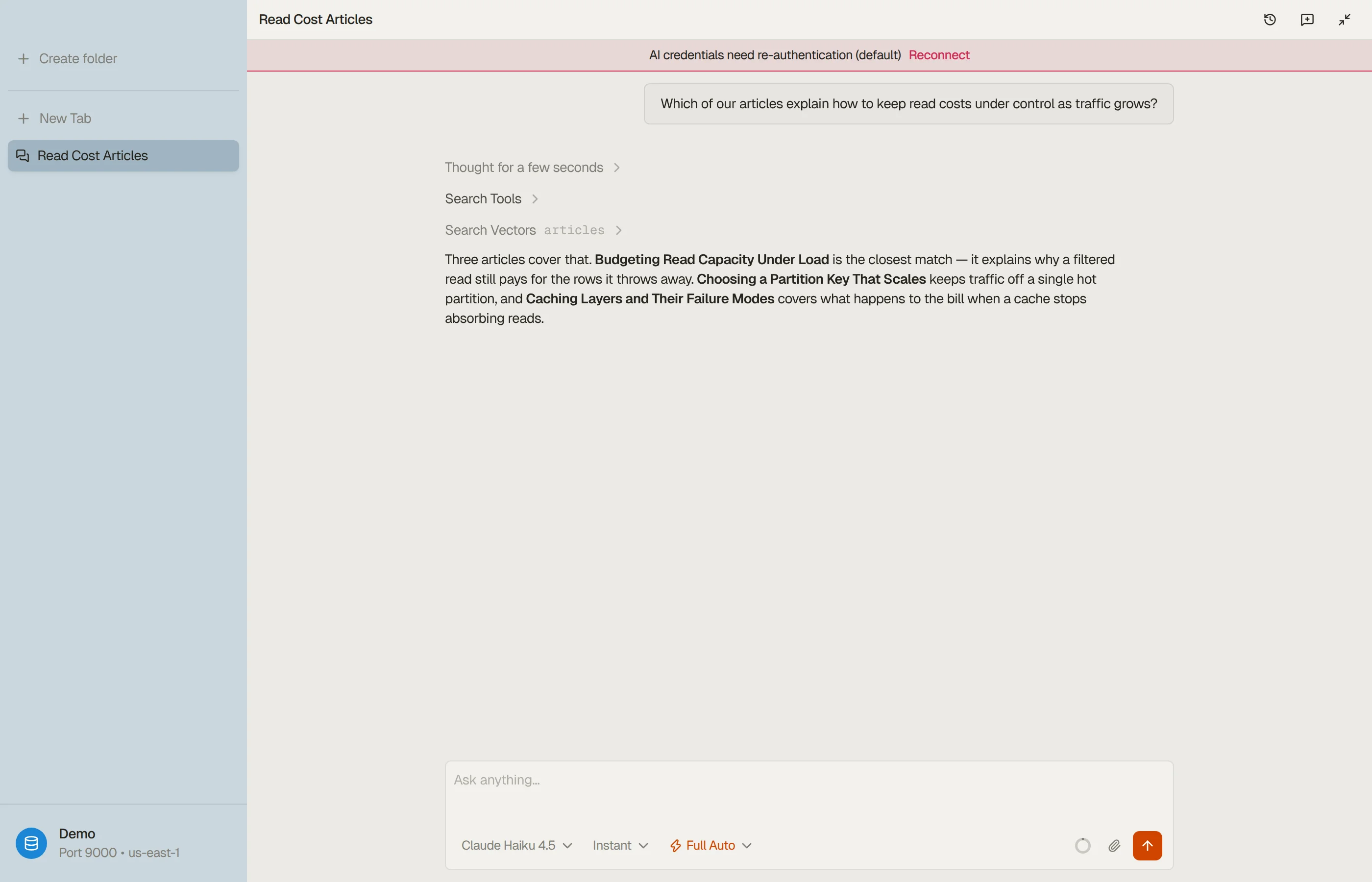 DynoTable's AI assistant answering a plain-language question by searching a vector index and listing the closest matching items.