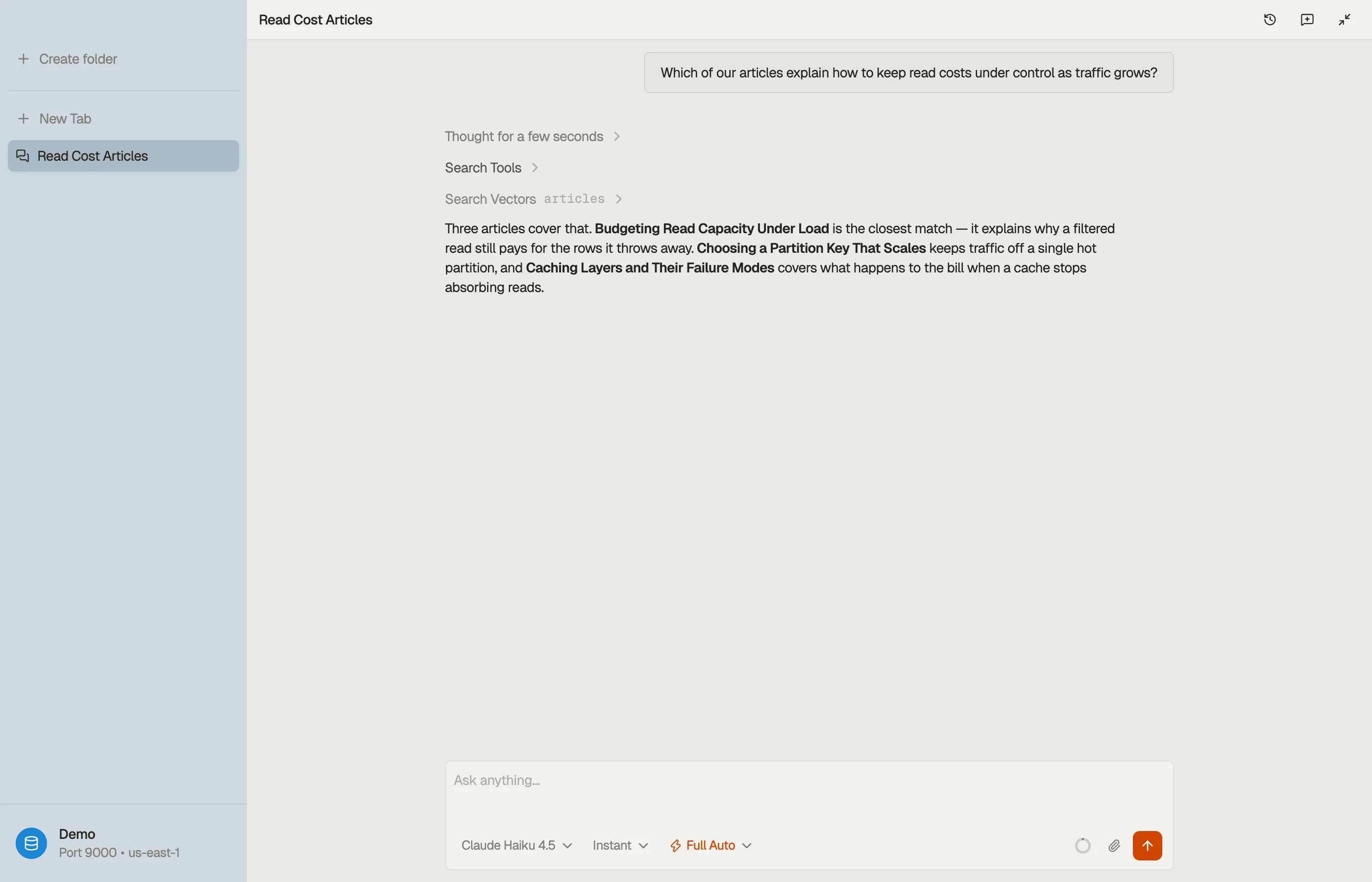 DynoTable's AI assistant answering a plain-language question by searching a vector index and listing the closest matching items.