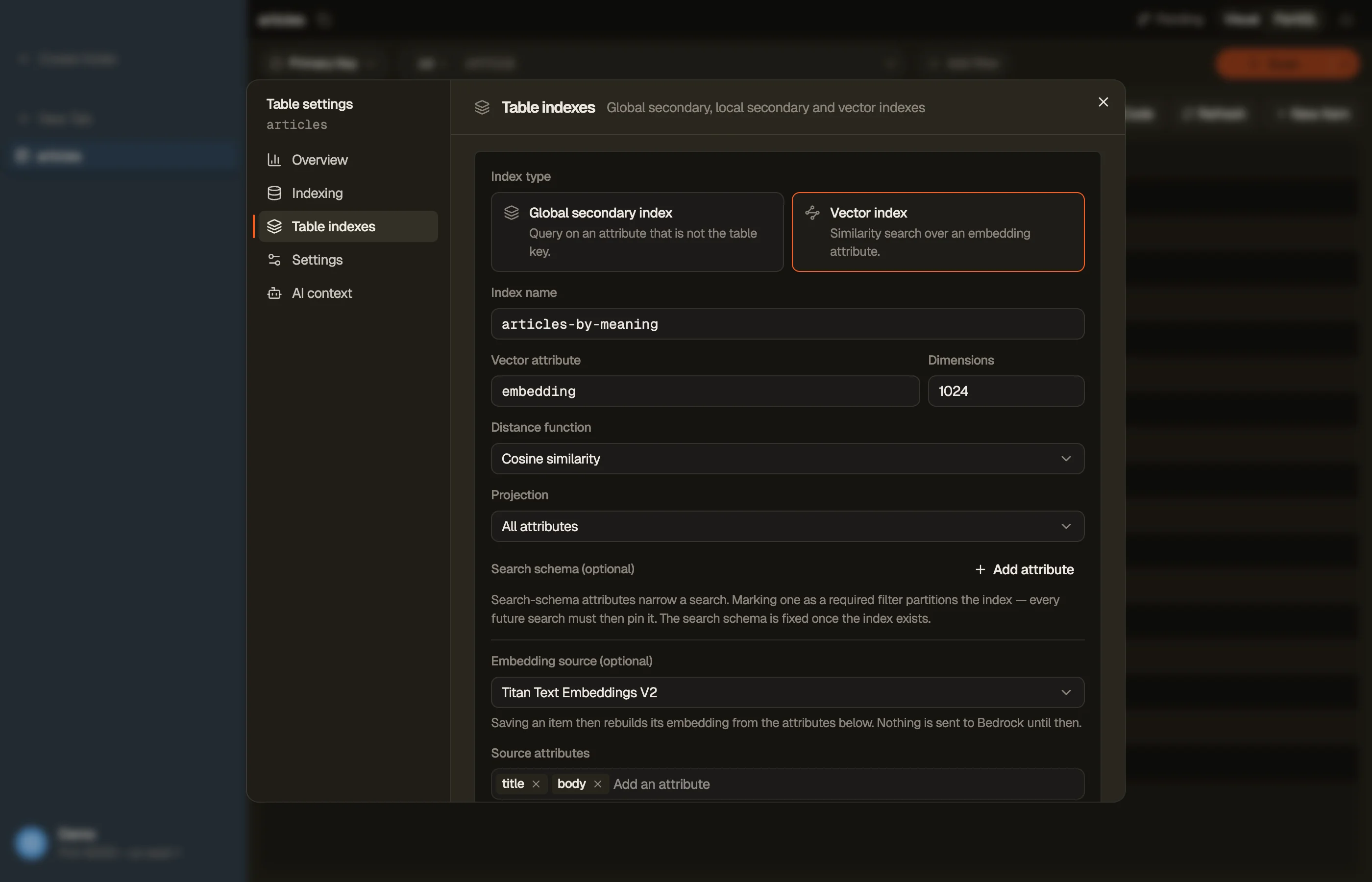 The Create index form in DynoTable with Vector index selected: the vector attribute, dimensions, distance function, search schema, and the embedding source with a model and its source attributes.