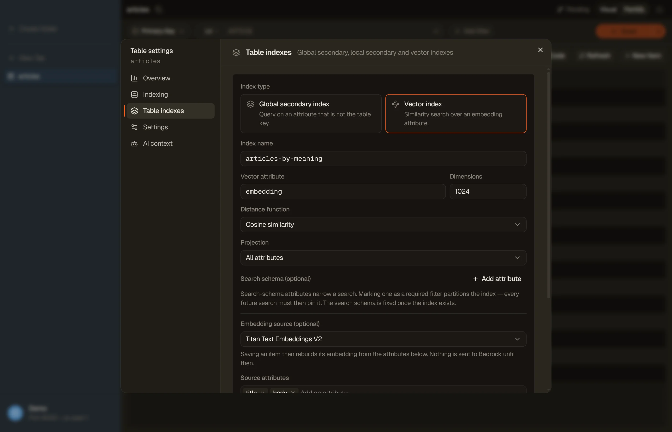 The Create index form in DynoTable with Vector index selected: the vector attribute, dimensions, distance function, search schema, and the embedding source with a model and its source attributes.