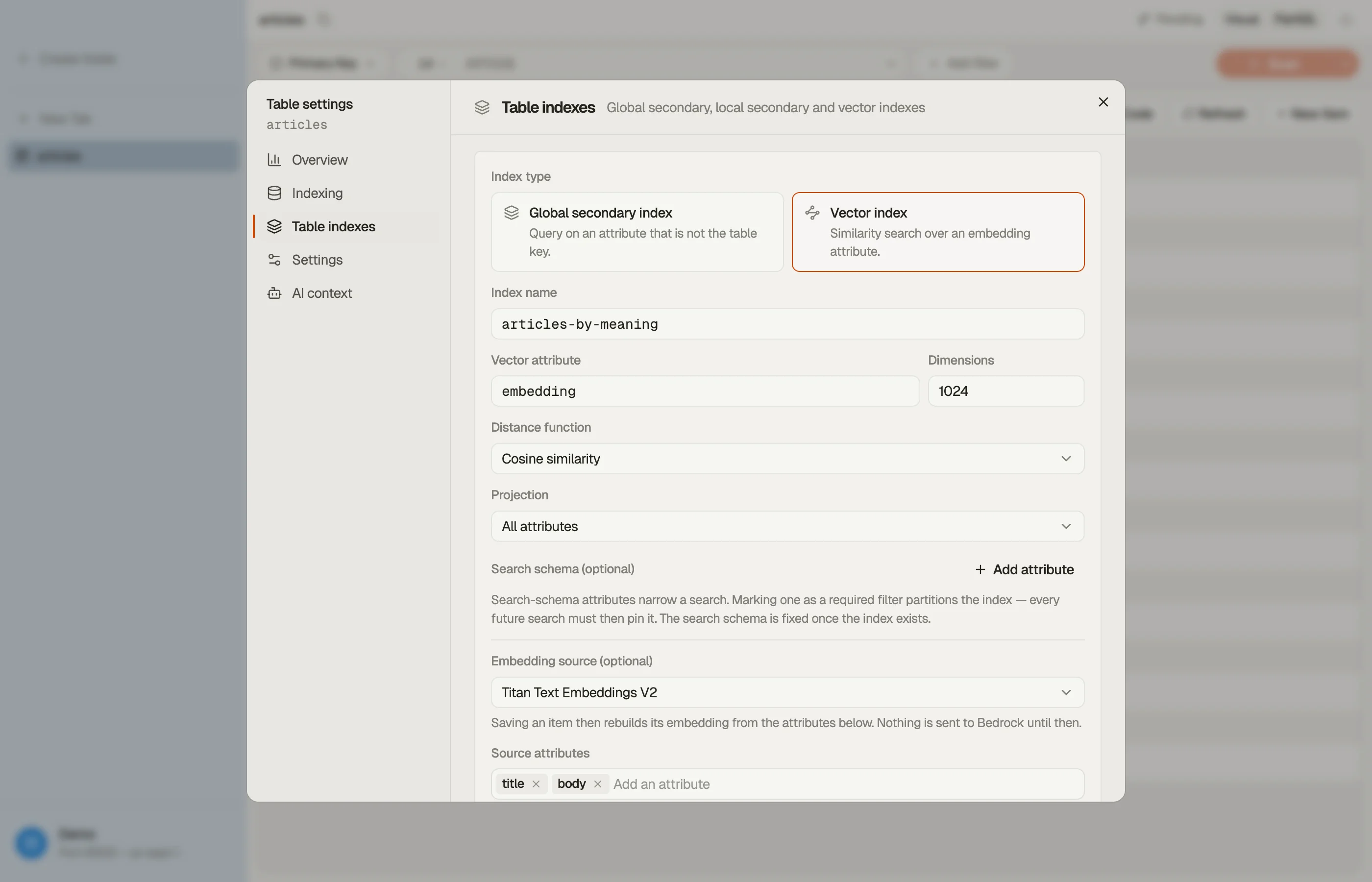 The Create index form in DynoTable with Vector index selected: the vector attribute, dimensions, distance function, search schema, and the embedding source with a model and its source attributes.