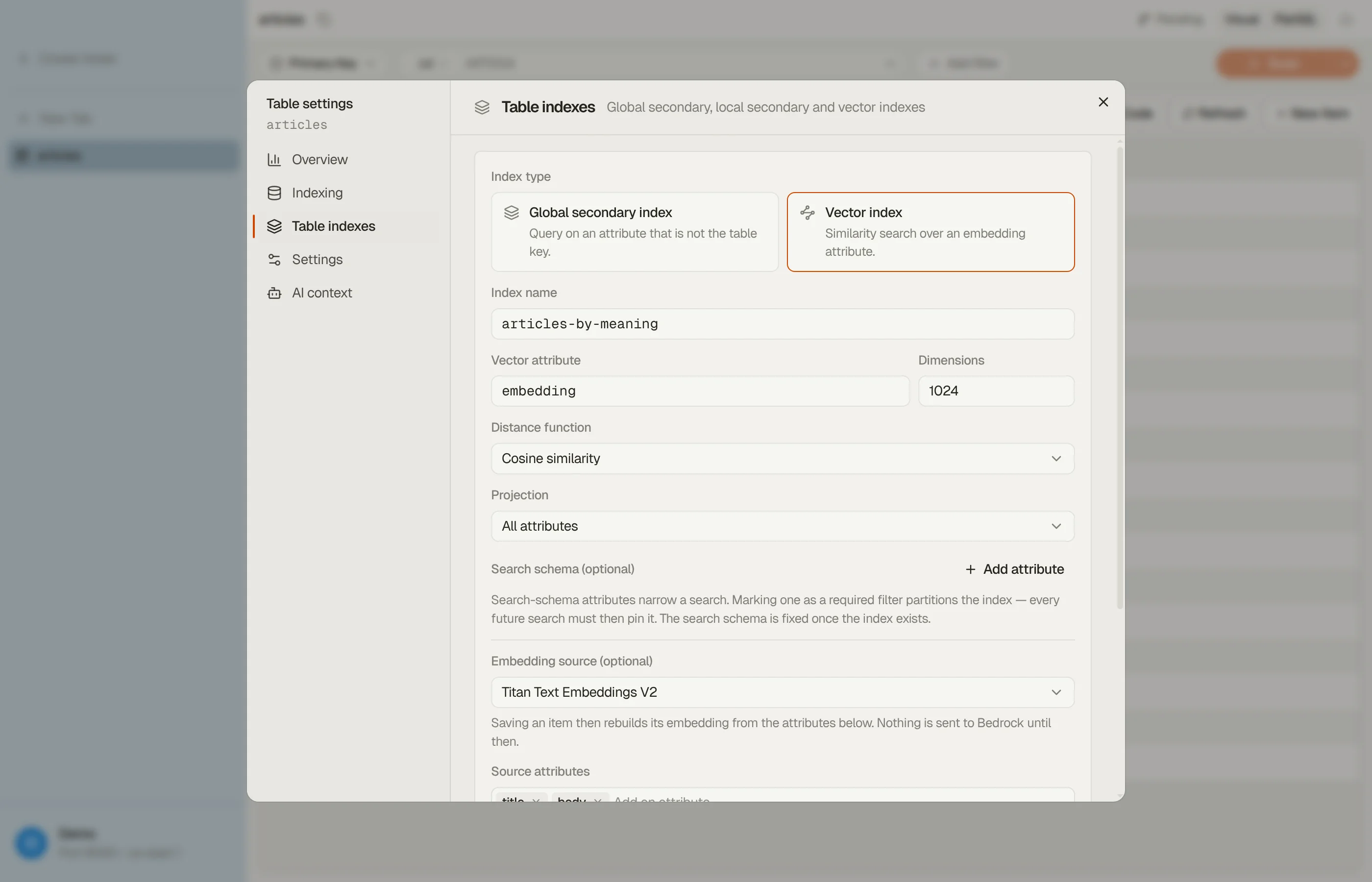 The Create index form in DynoTable with Vector index selected: the vector attribute, dimensions, distance function, search schema, and the embedding source with a model and its source attributes.