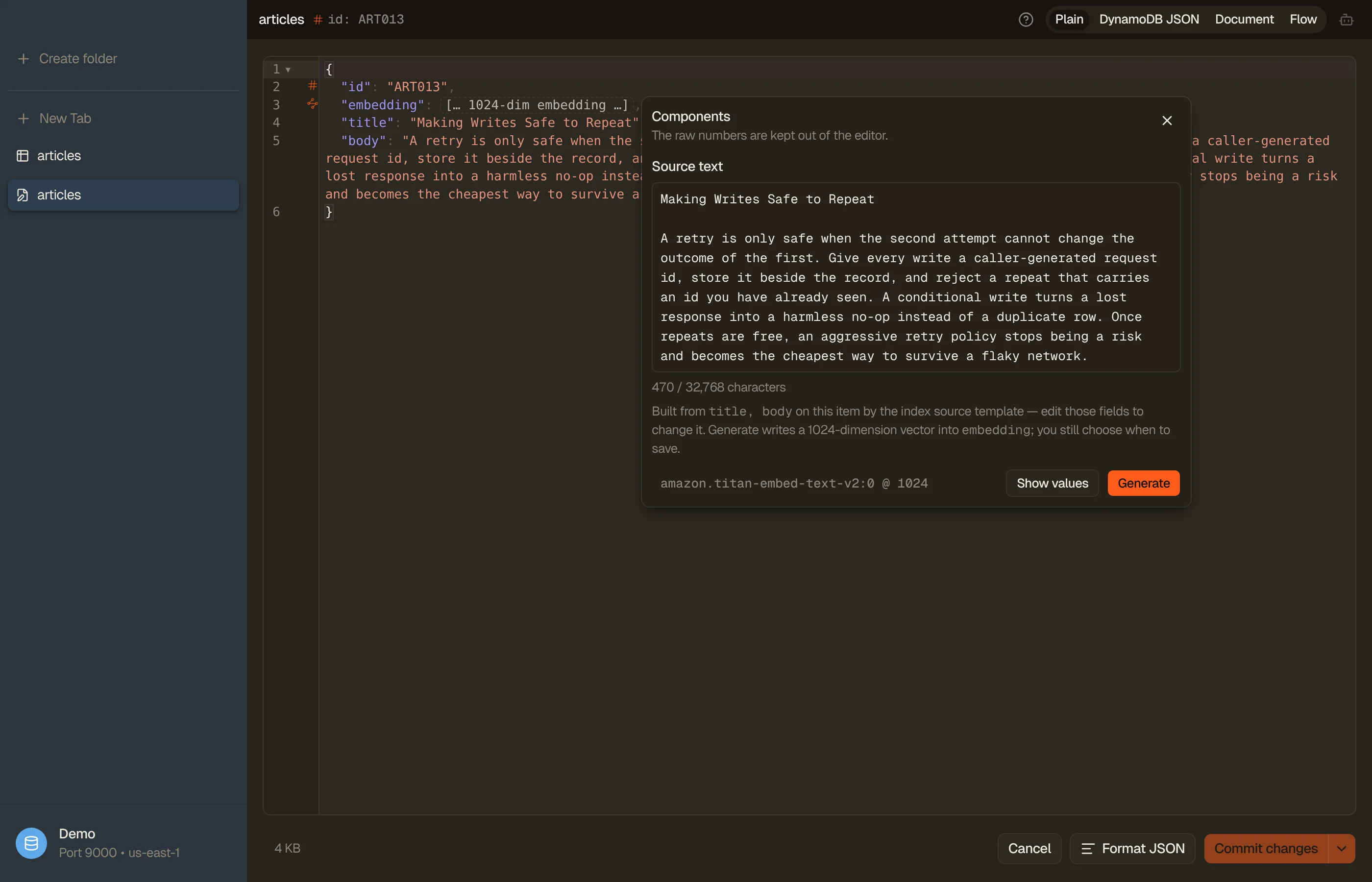 An item open in DynoTable with the embedding options showing: the source text the index builds its embedding from, the bound model, and the Generate and Show values actions.