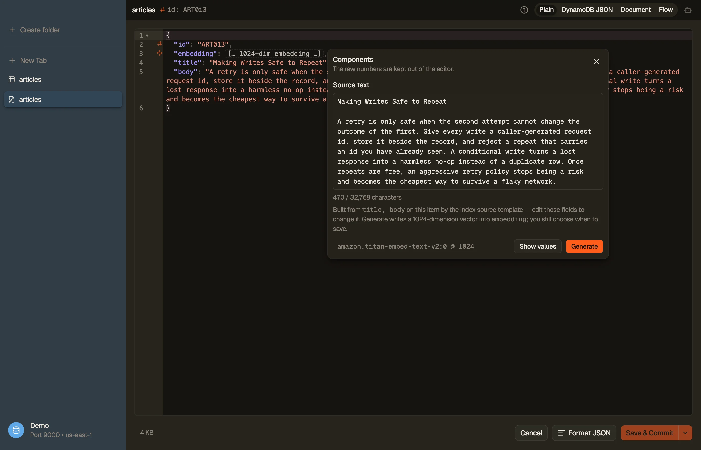 An item open in DynoTable with the embedding options showing: the source text the index builds its embedding from, the bound model, and the Generate and Show values actions.