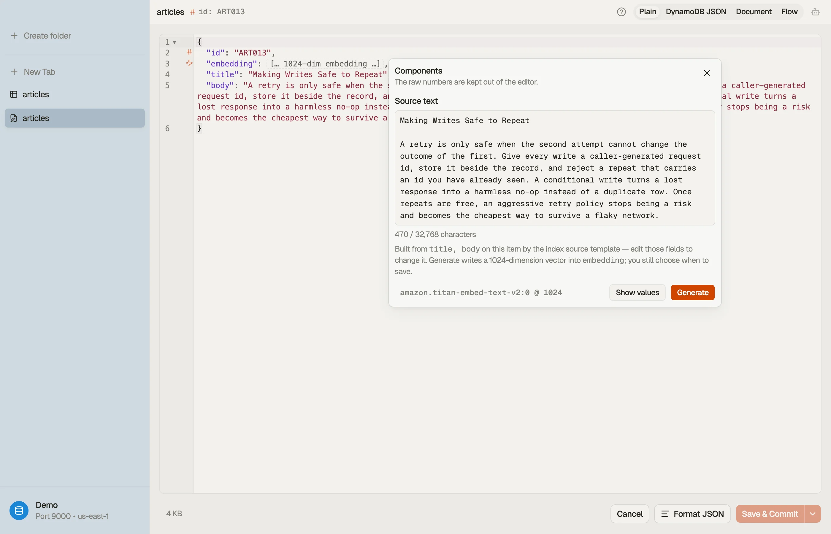 An item open in DynoTable with the embedding options showing: the source text the index builds its embedding from, the bound model, and the Generate and Show values actions.