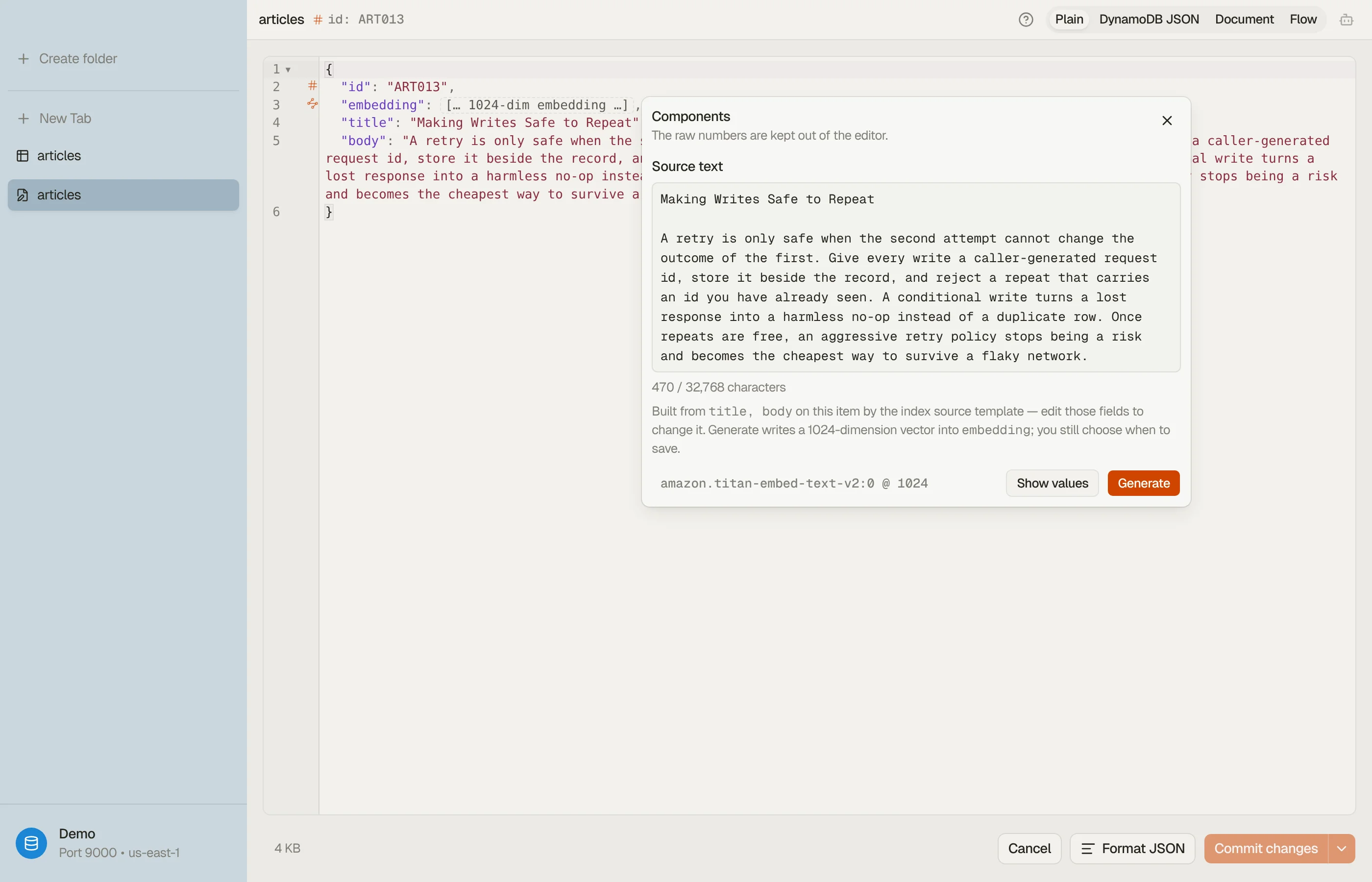 An item open in DynoTable with the embedding options showing: the source text the index builds its embedding from, the bound model, and the Generate and Show values actions.