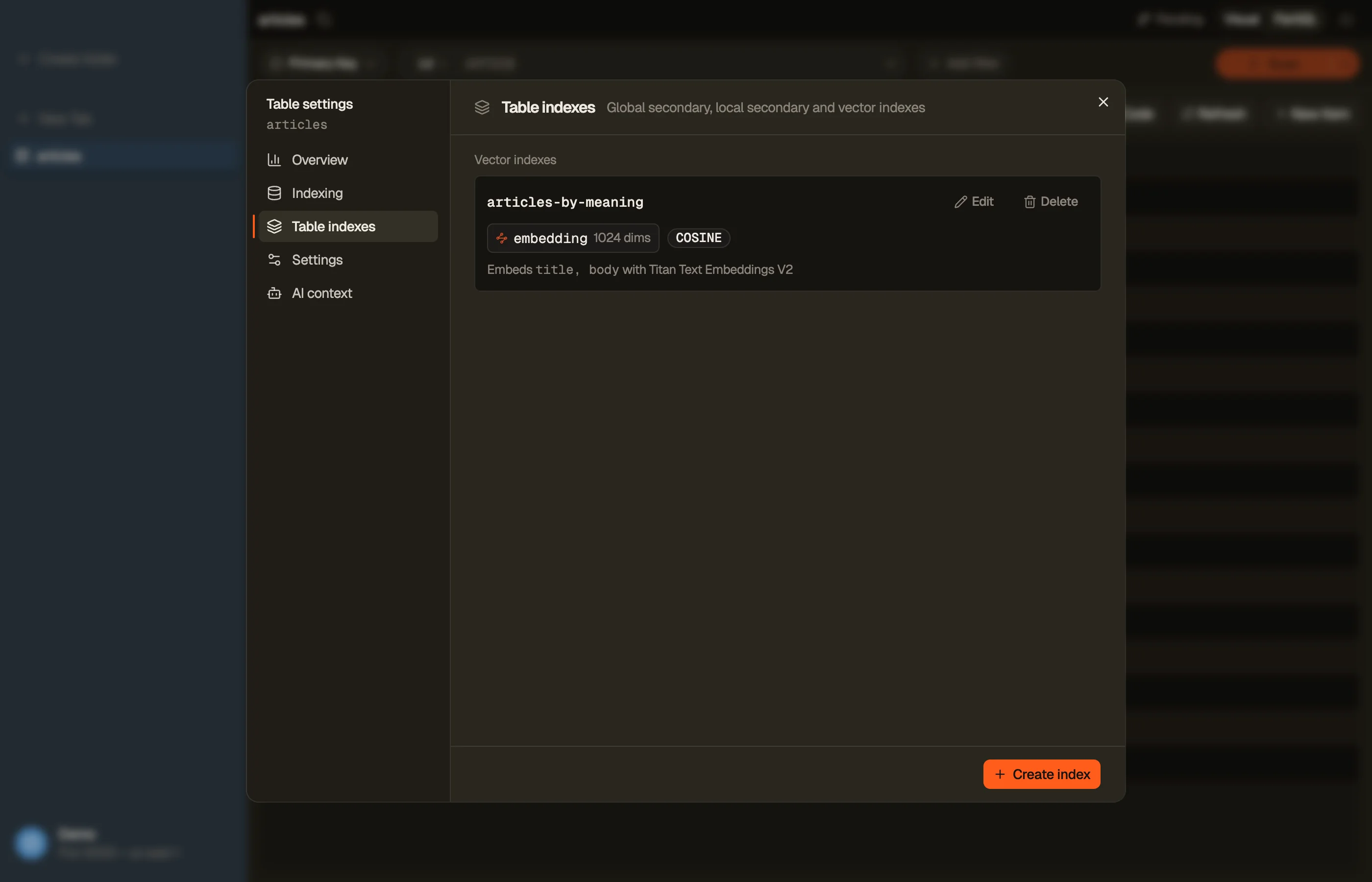 A vector index row in DynoTable's Table indexes pane: the index name, the attribute that holds the embedding with its dimensions, the distance function, and the line naming the attributes it embeds and the model it uses.