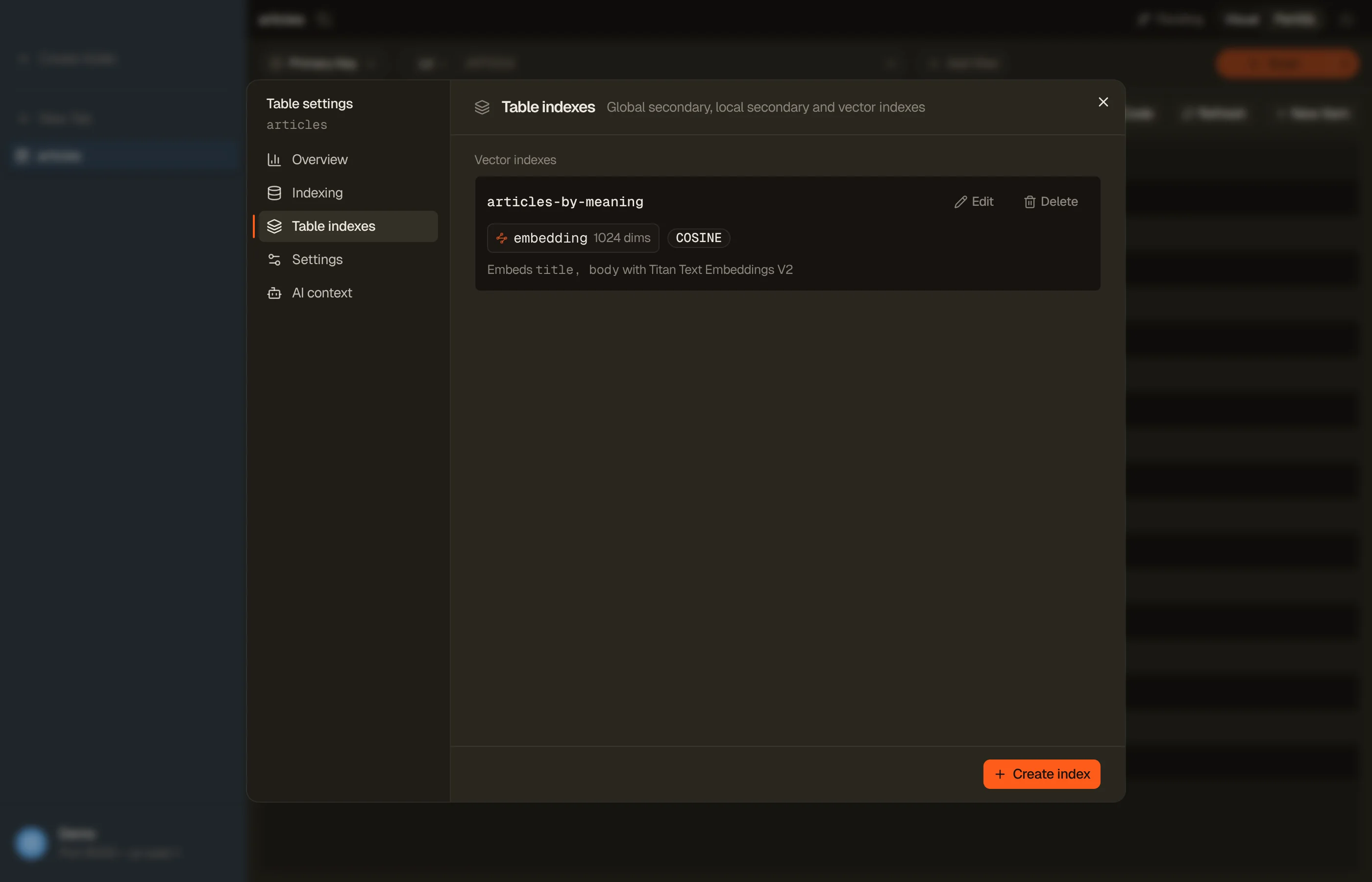 A vector index row in DynoTable's Table indexes pane: the index name, the attribute that holds the embedding with its dimensions, the distance function, and the line naming the attributes it embeds and the model it uses.