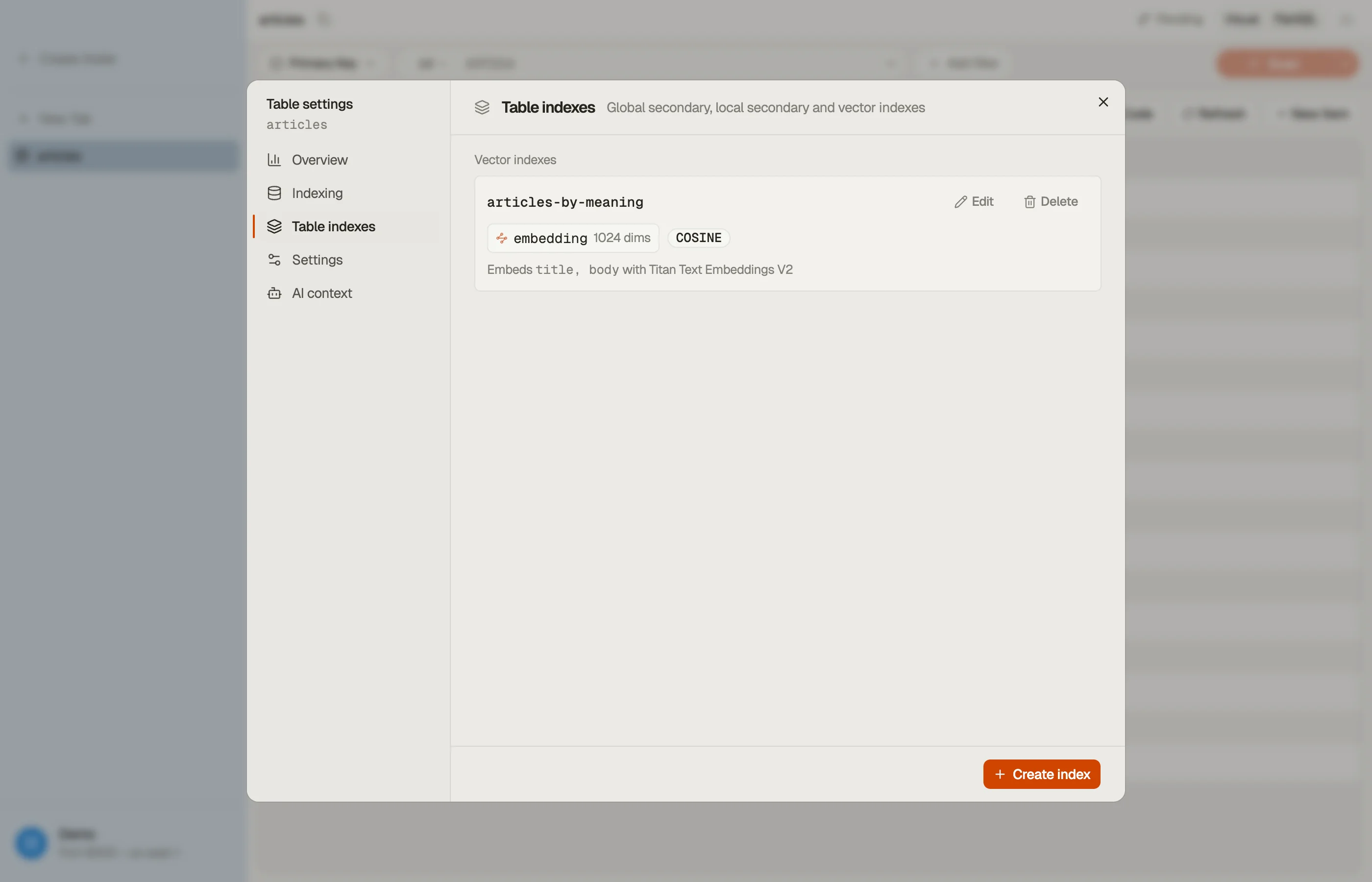 A vector index row in DynoTable's Table indexes pane: the index name, the attribute that holds the embedding with its dimensions, the distance function, and the line naming the attributes it embeds and the model it uses.