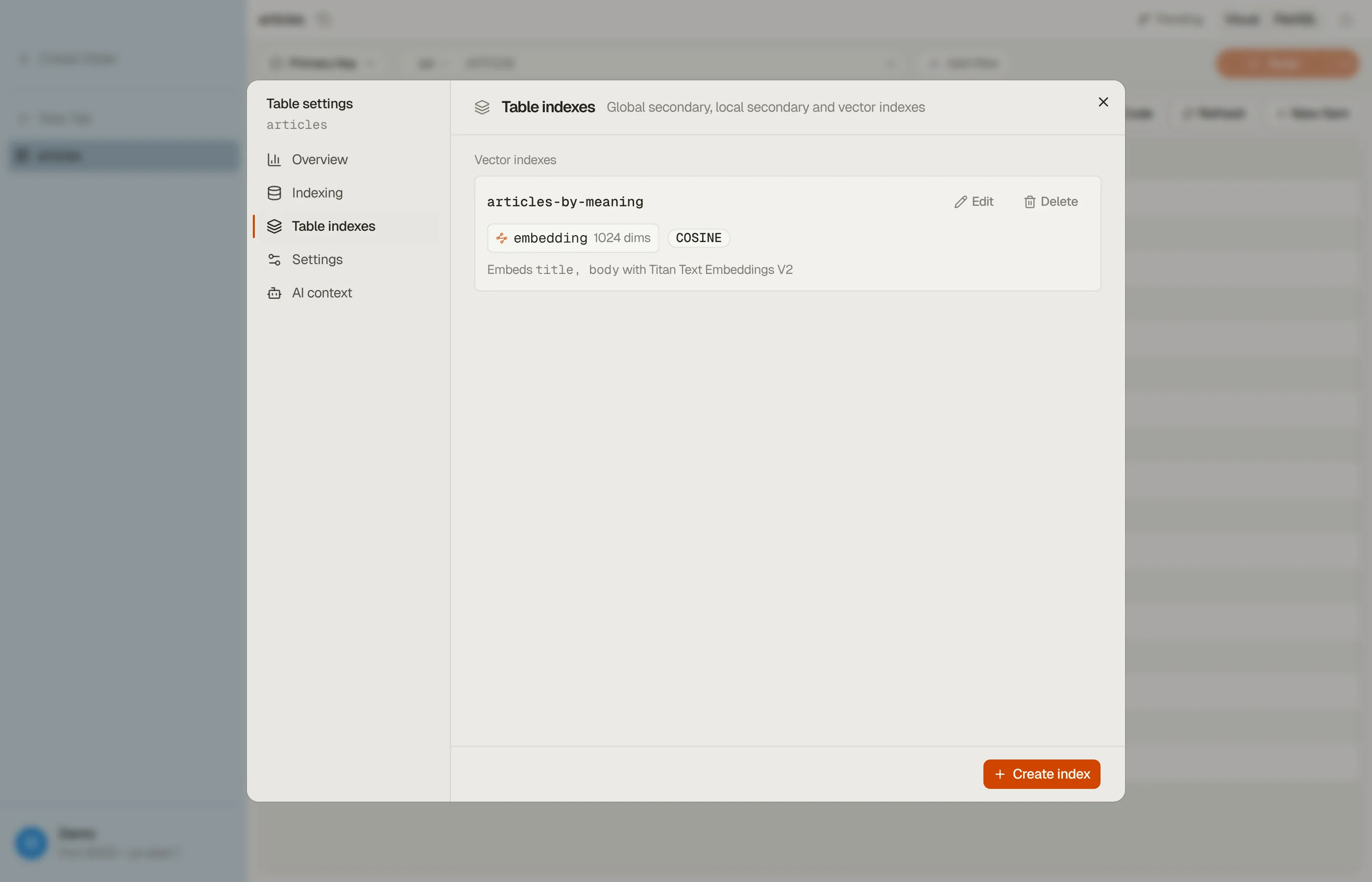 A vector index row in DynoTable's Table indexes pane: the index name, the attribute that holds the embedding with its dimensions, the distance function, and the line naming the attributes it embeds and the model it uses.