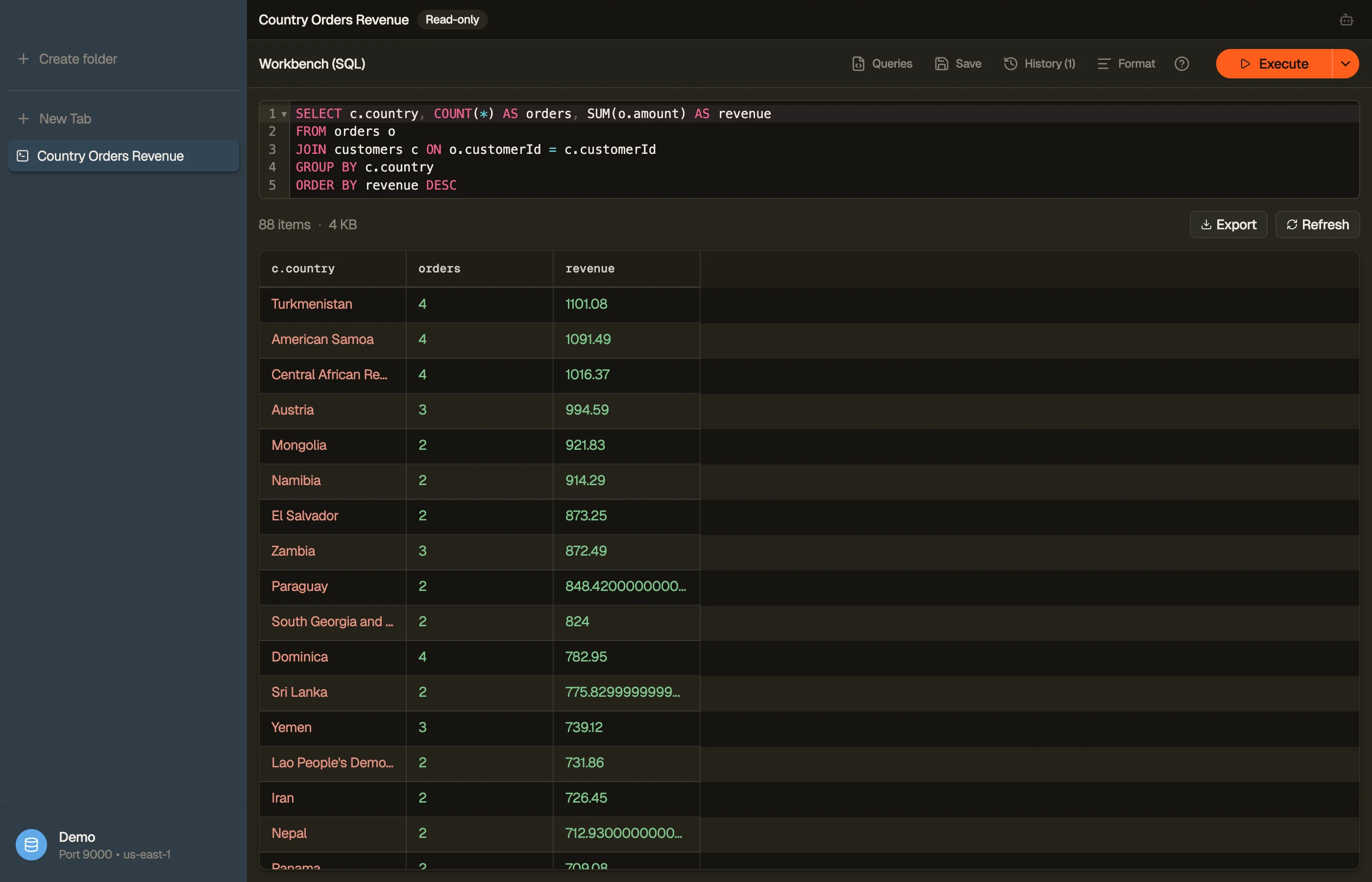 The Workbench: a multi-table SQL JOIN, with the joined result grid below.