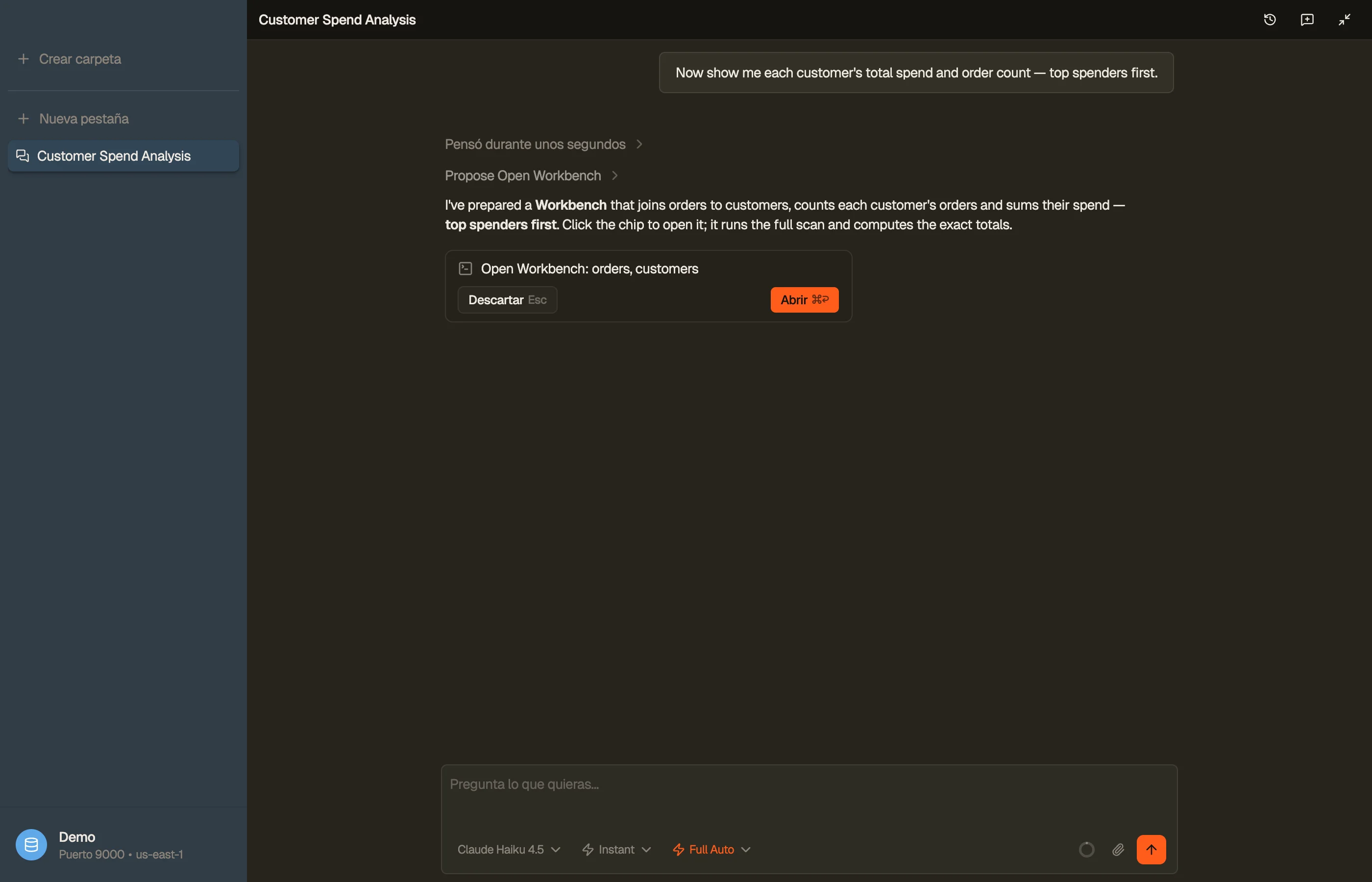 Un chip de abrir Workbench — el agente propuso una vista SQL (aquí un join de clientes ⋈ pedidos); al hacer clic se abre la pestaña de Workbench.