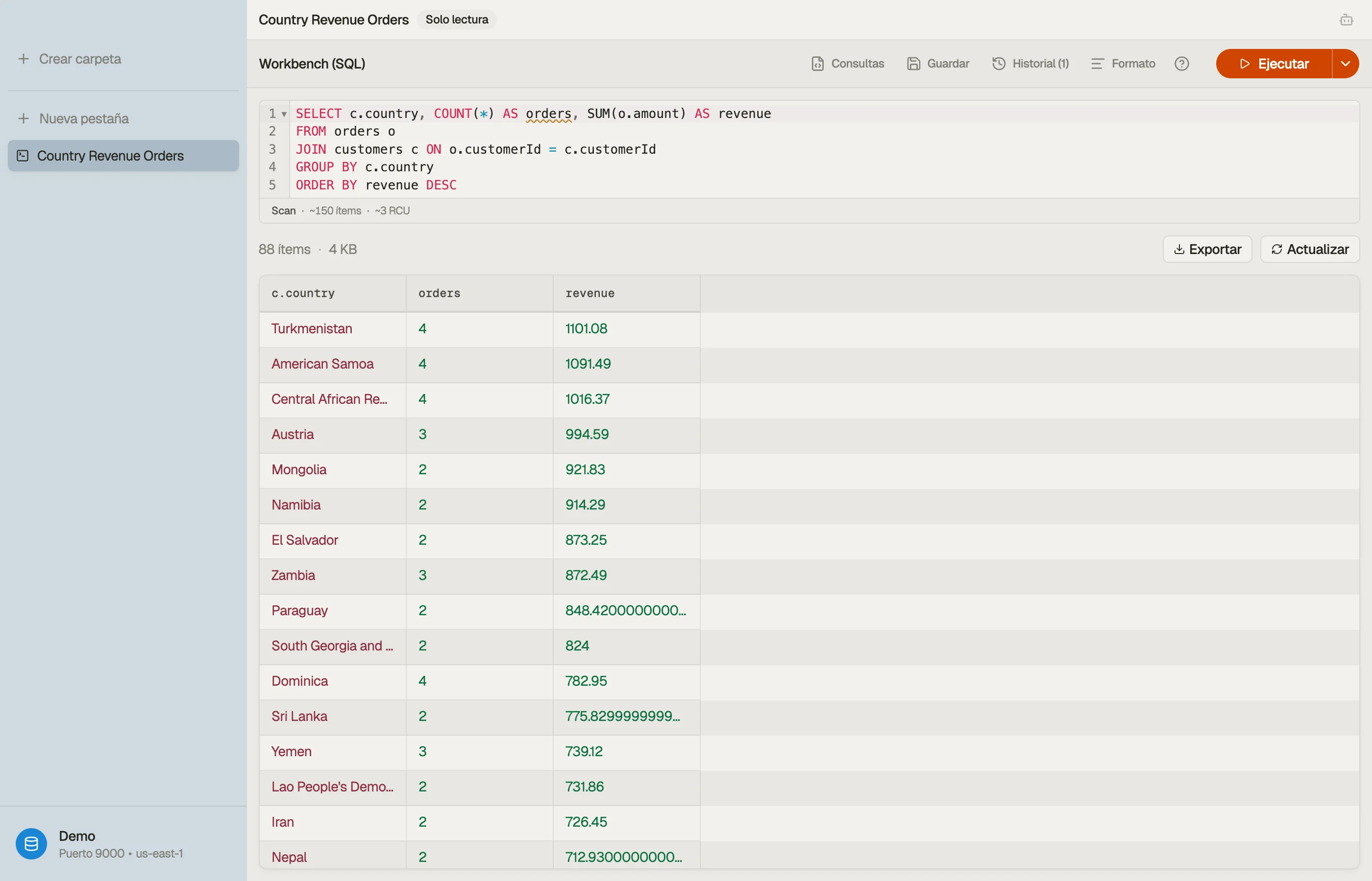 El SQL Workbench de DynoTable compilando un JOIN con GROUP BY en llamadas Query y Scan.