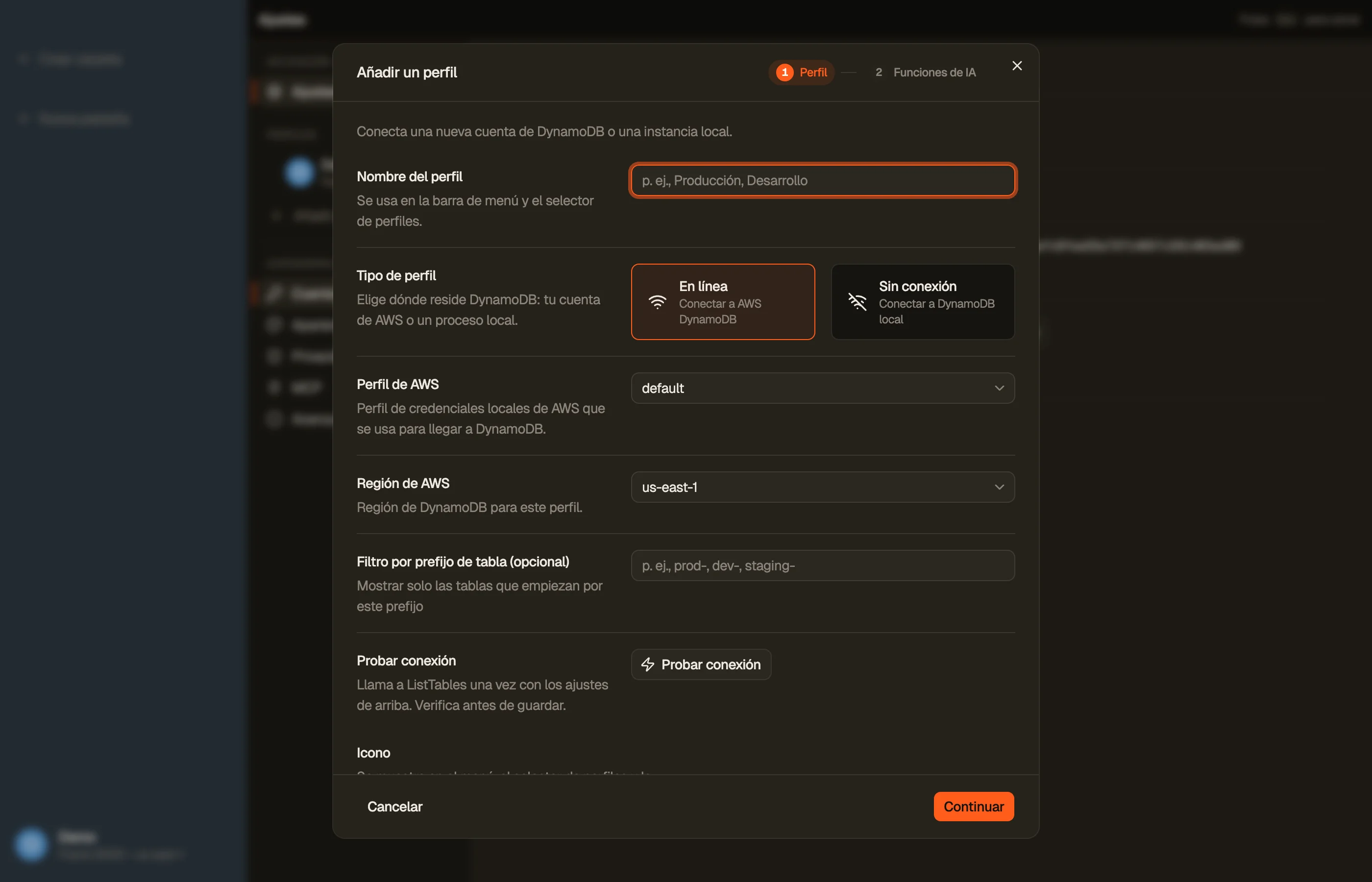 El diálogo de Añadir perfil: nombre, perfil de AWS, región por defecto, color e icono.