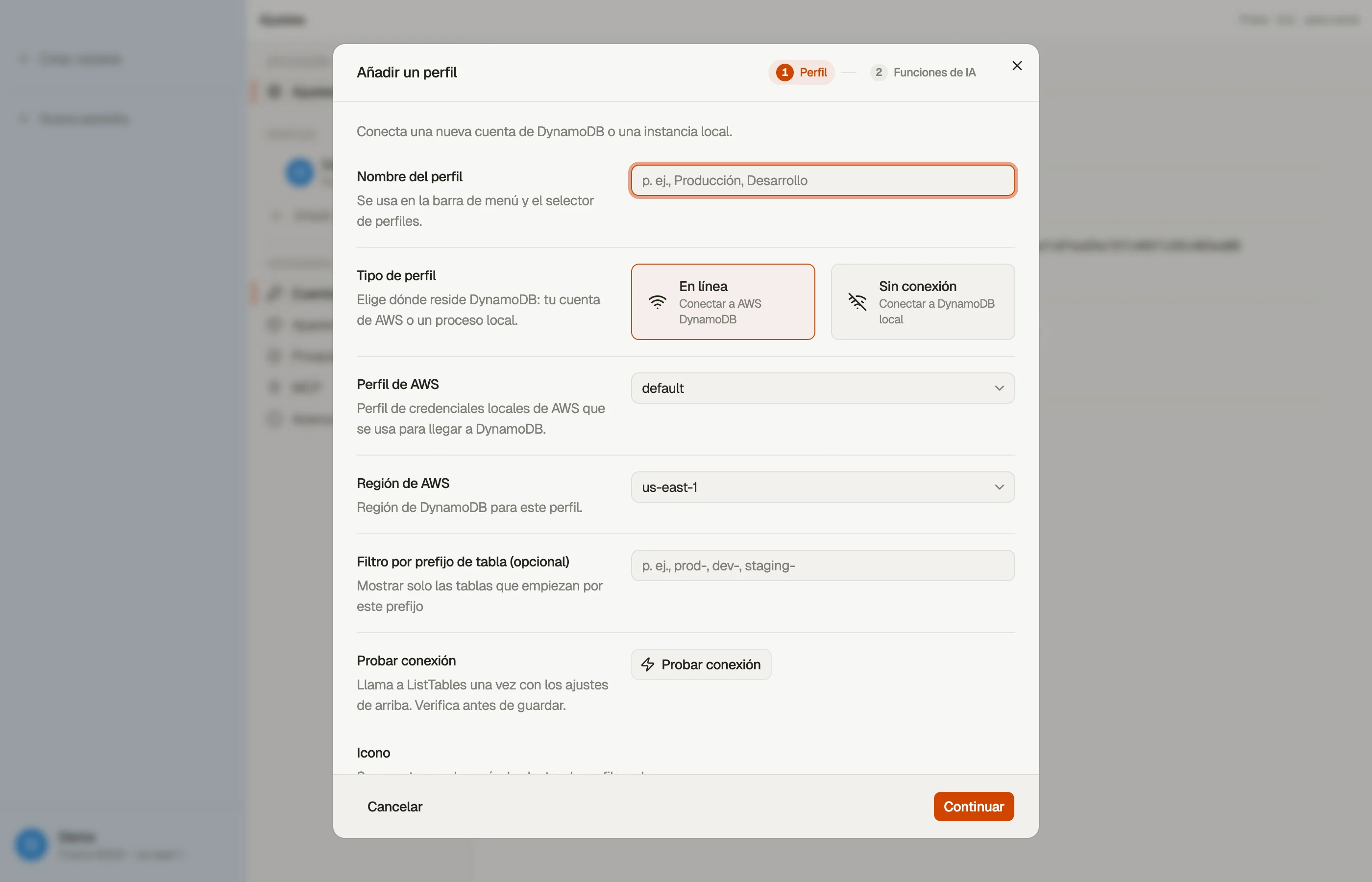 El diálogo de Añadir perfil: nombre, perfil de AWS, región por defecto, color e icono.
