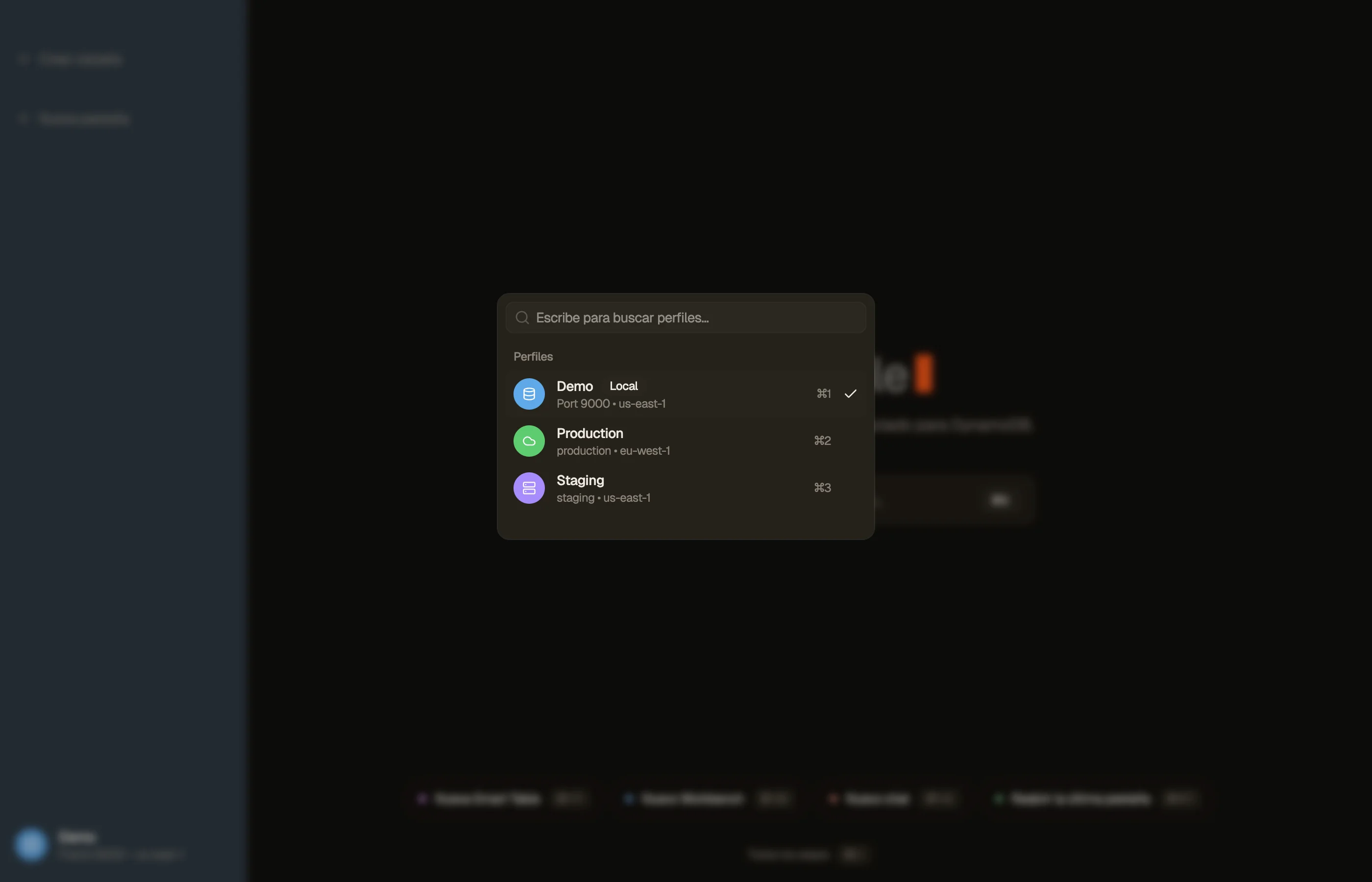 El selector de perfiles ⌘P listando perfiles con sus puntos de estado de credenciales.