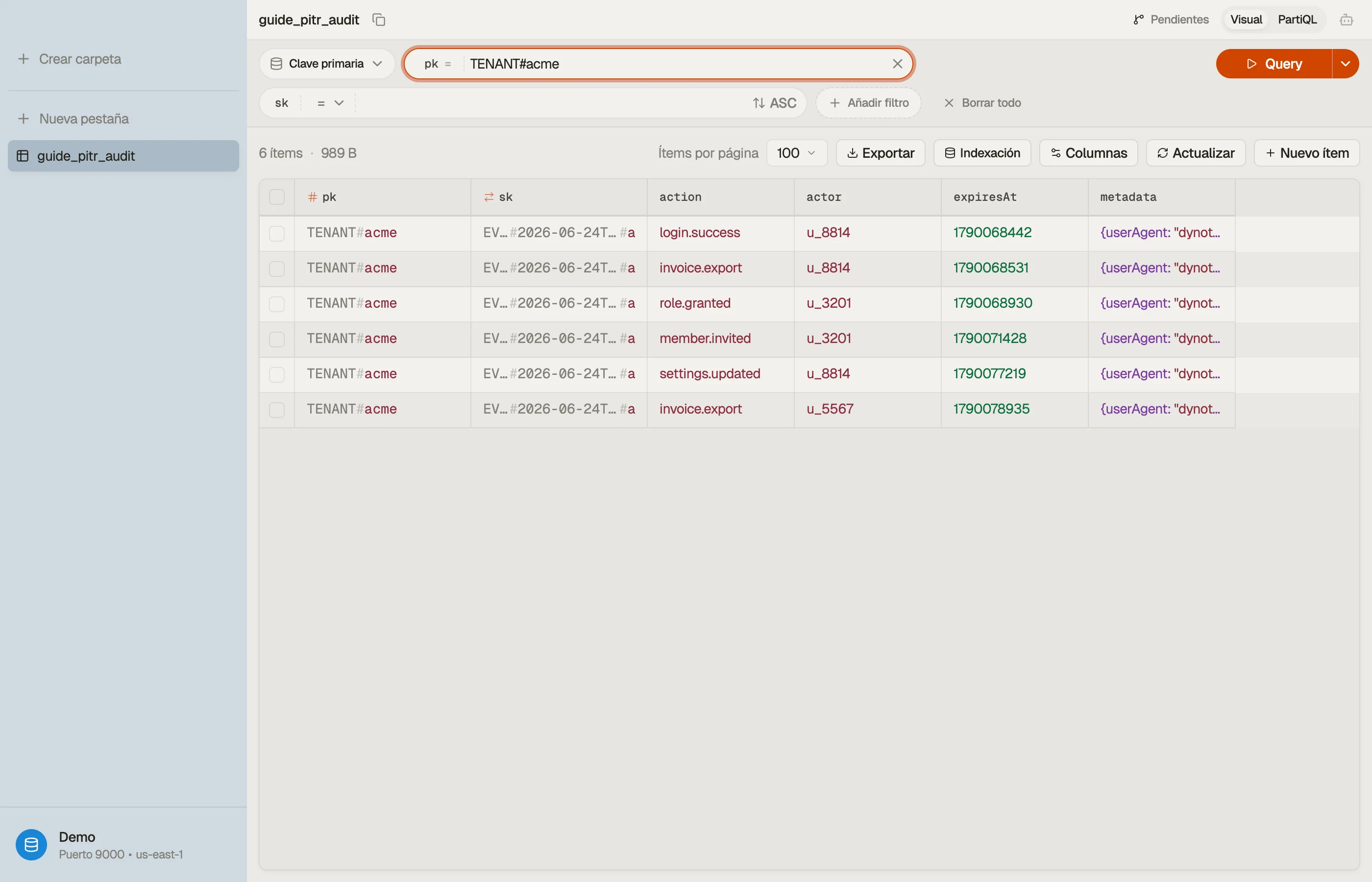 Inspeccionando una tabla de registro de auditoría restaurada con PITR en DynoTable para verificar los eventos recuperados antes de redirigir la app.