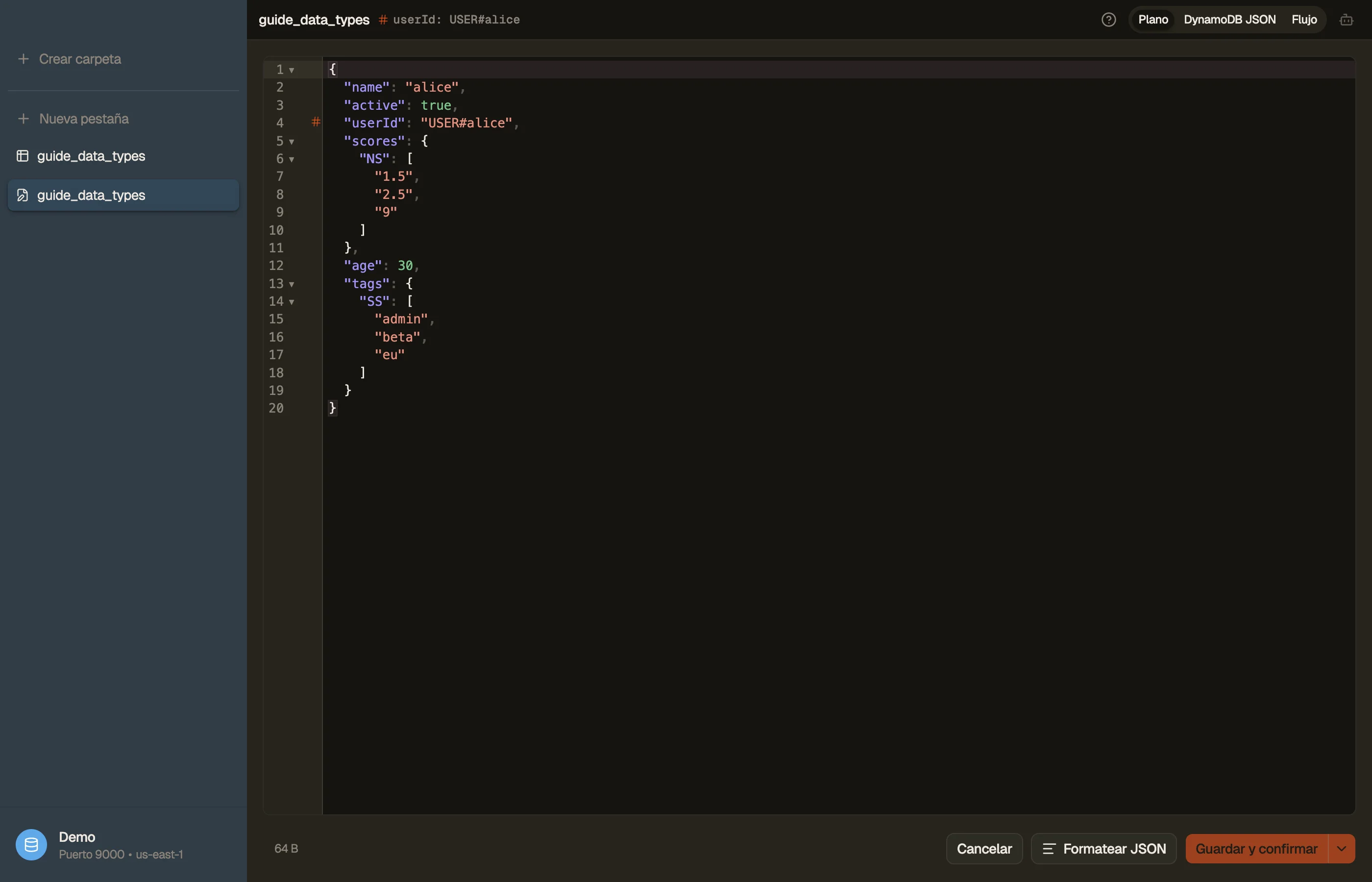 El editor de Items de DynoTable mostrando un Item con un number set y un string set, y el conmutador JSON plano / DynamoDB-JSON.