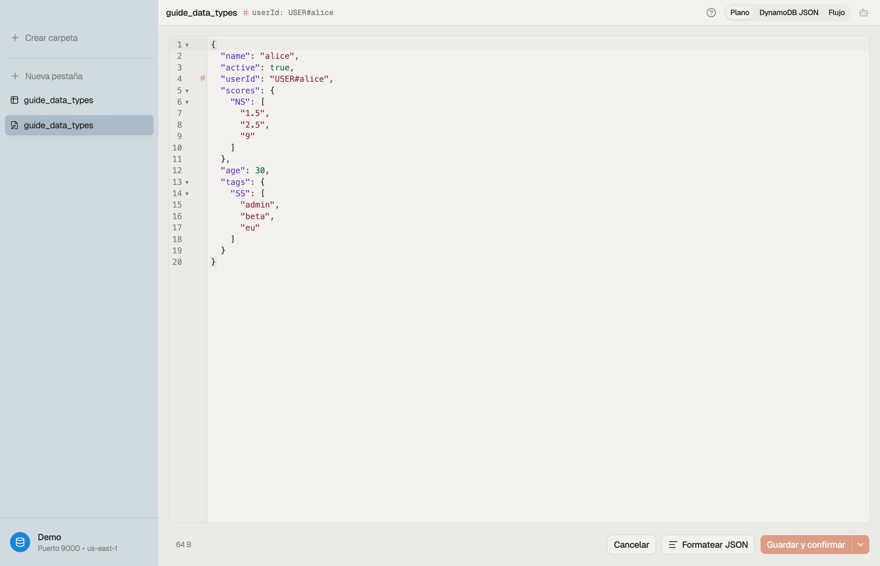 El editor de Items de DynoTable mostrando un Item con un number set y un string set, y el conmutador JSON plano / DynamoDB-JSON.