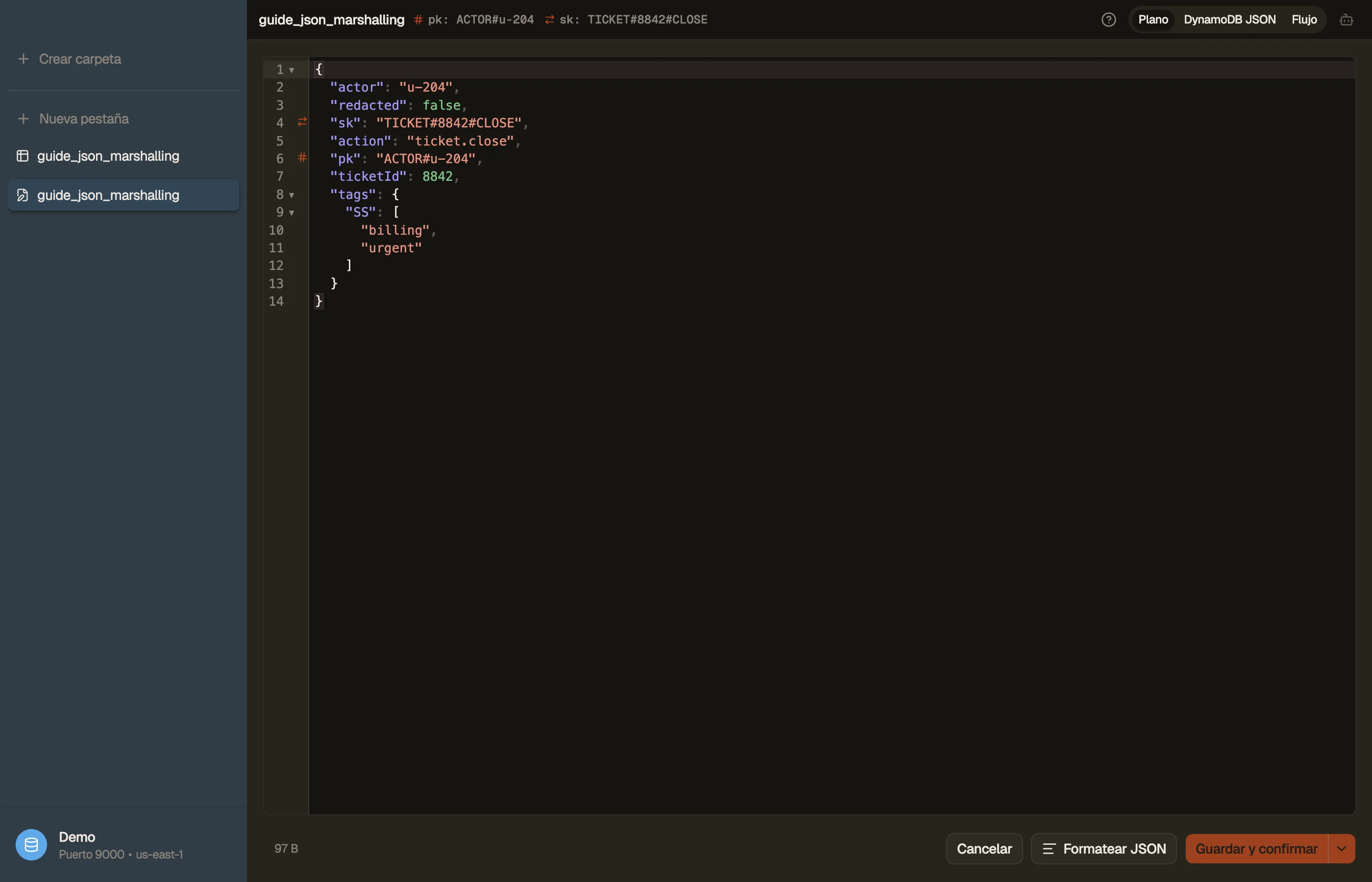 DynoTable mostrando un elemento como valores normales, con el DynamoDB JSON en crudo disponible.