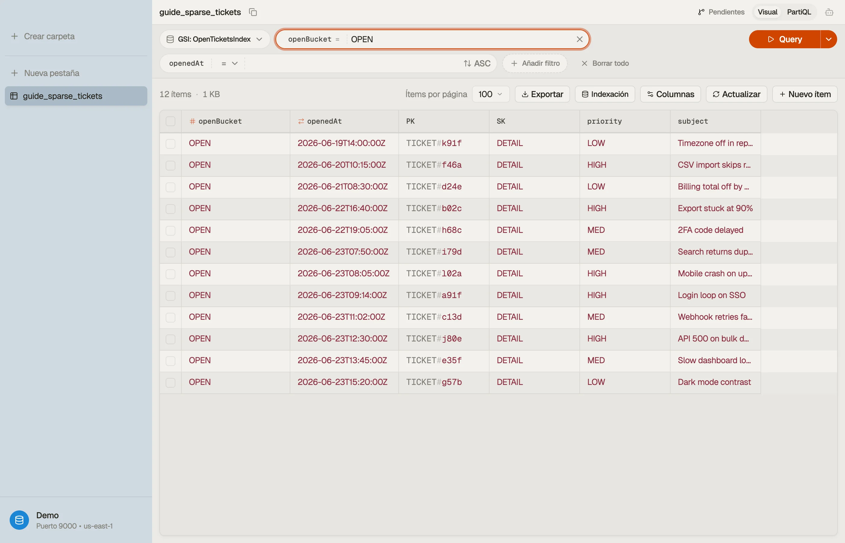 La tabla de tickets de soporte vista a través de su GSI disperso de tickets-abiertos en DynoTable, mostrando solo los elementos que llevan la clave openBucket.